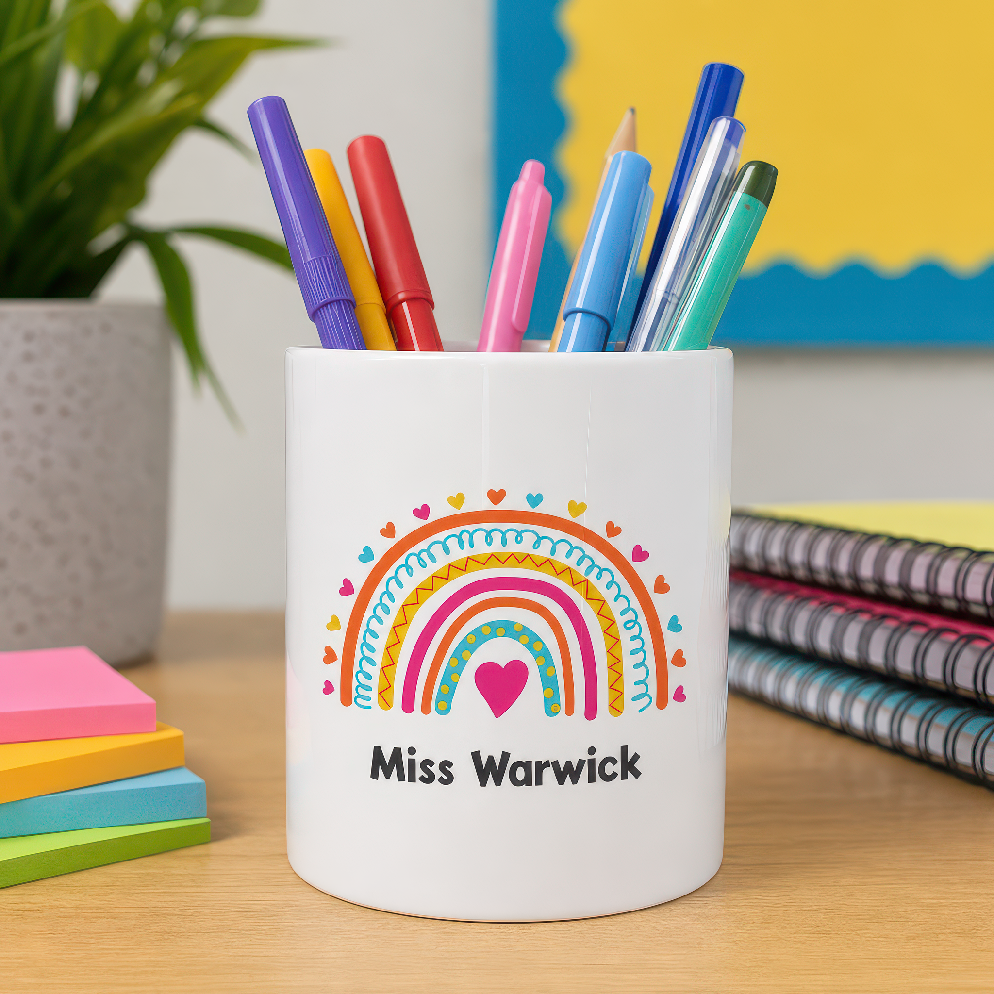 Personalised Pink Heart Rainbow Teacher Pen Pot with Name - alternative view