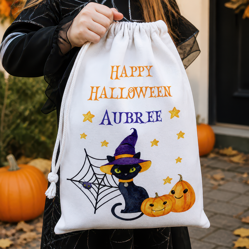 Personalised Halloween Cat Treat Bag with Name