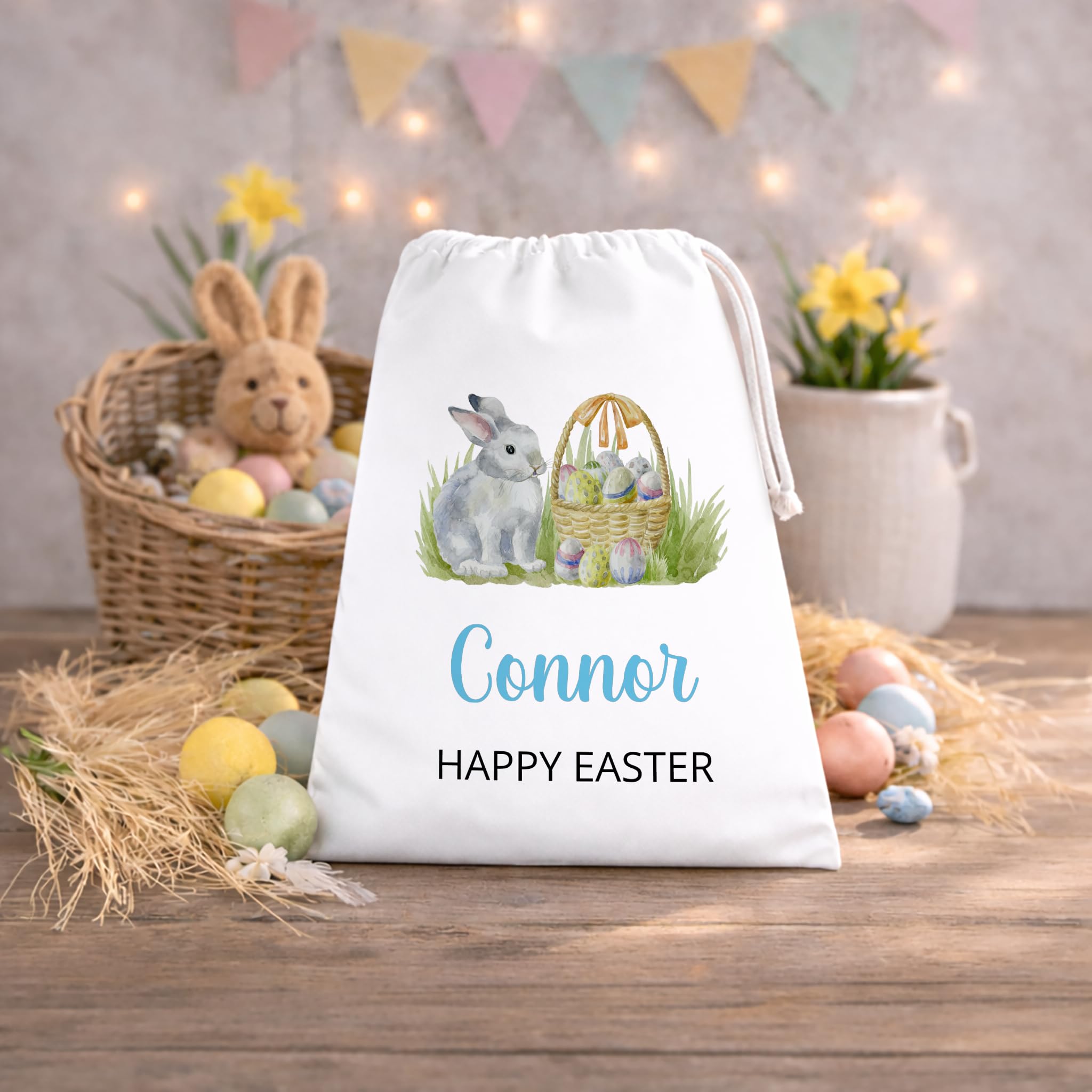 Personalised Happy Easter Bunny Basket Drawstring Sack with Name - Blue