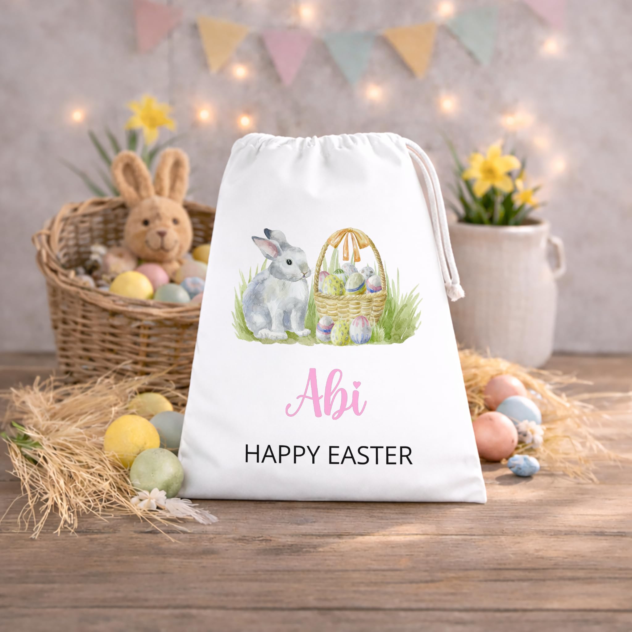 Personalised Happy Easter Bunny Basket Drawstring Sack with Name - Pink