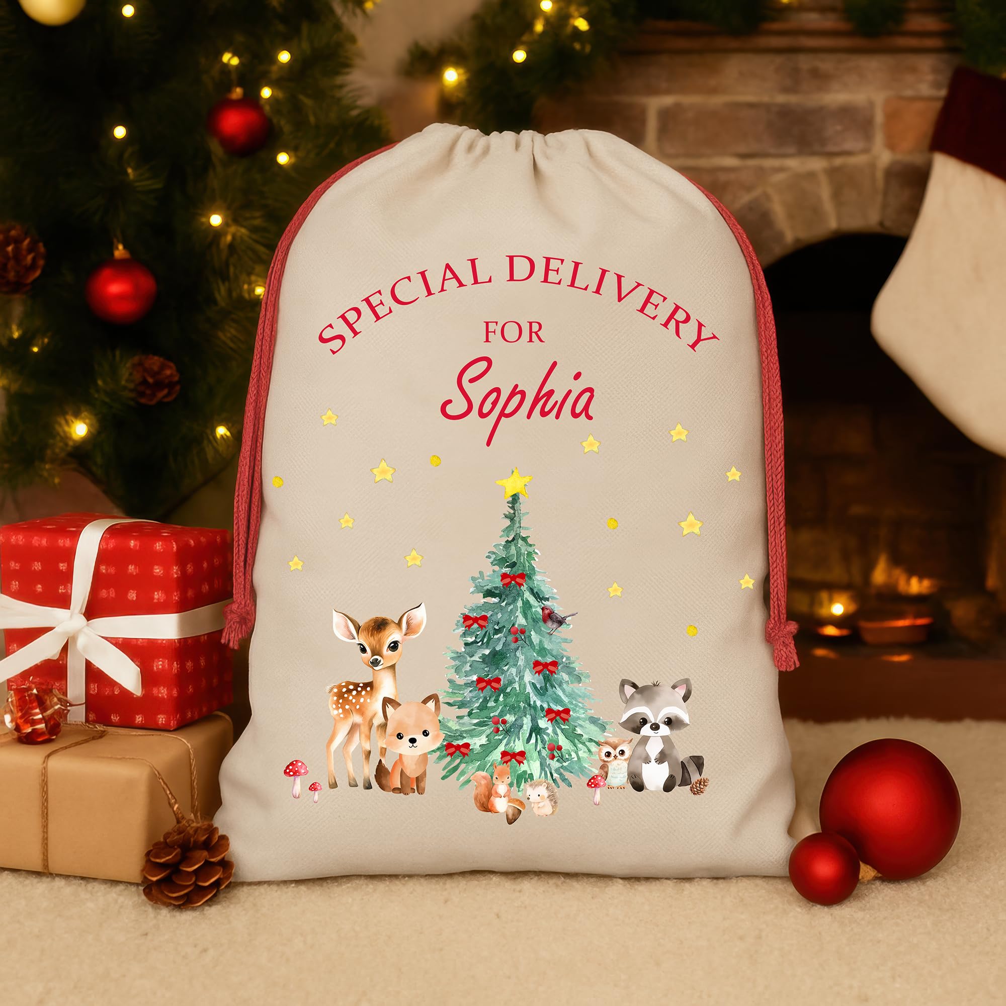 Personalised Natural Woodland Animals Santa Sack with Name