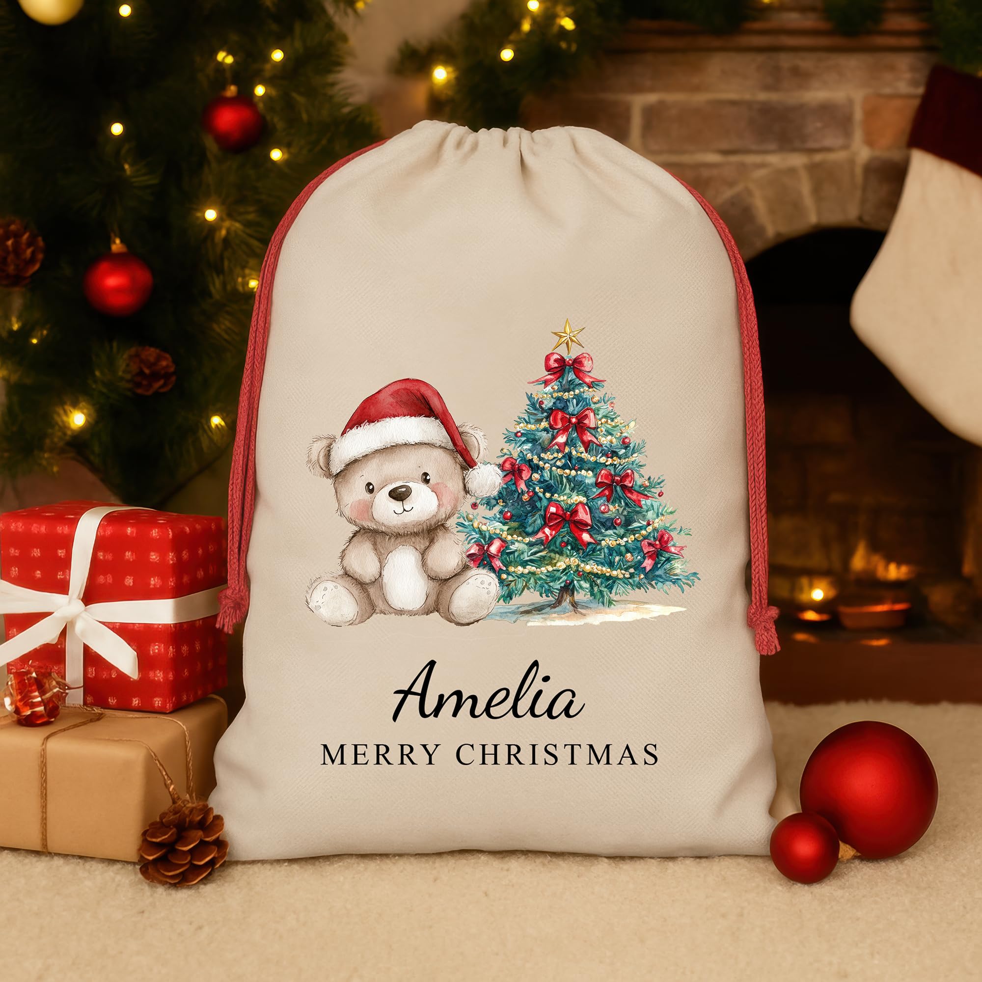Personalised Natural Red Teddy Santa Sack with Name