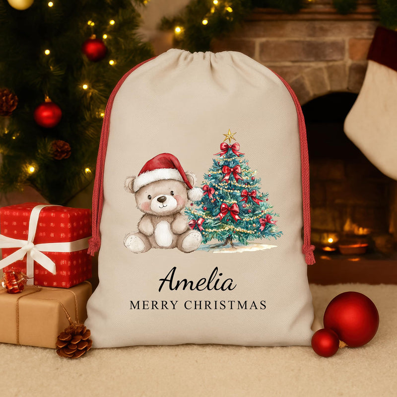 Personalised Natural Red Teddy Santa Sack with Name