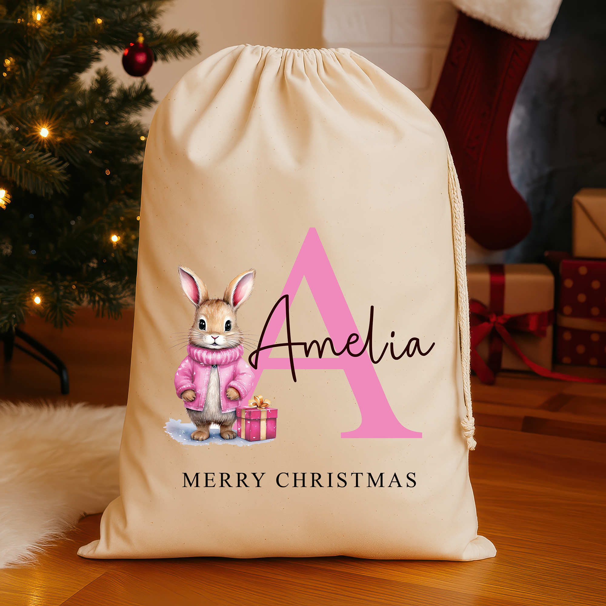 Personalised Christmas Santa Sack with Name & Initial – Pink Rabbit Design – Large (75x49cm) Gift Bag – Custom Christmas Sack for Kids