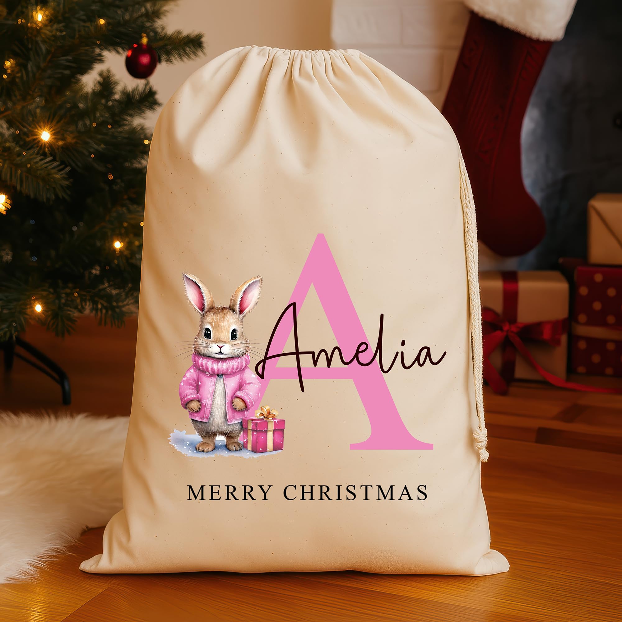 Personalised Pink Rabbit Santa Sack for Girls with Name and Initial