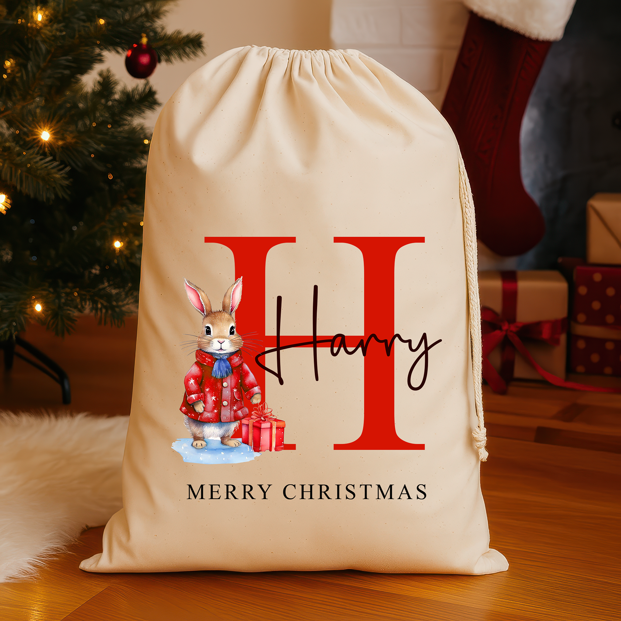 Personalised Christmas Santa Sack with Name & Initial – Red Rabbit Design – Large (75x49cm) Gift Bag – Custom Christmas Sack for Kids