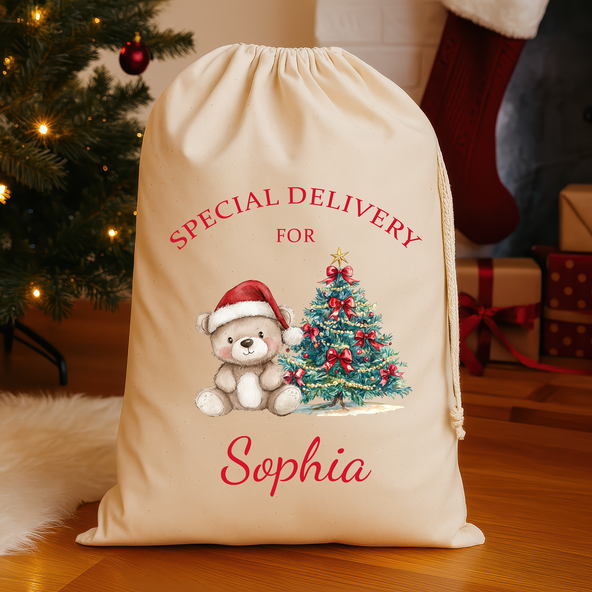 Personalised Christmas Santa Sack with Name – Red Teddy Bear Design – Large (75x49cm) Gift Bag – Special Delivery Christmas Sack for Kids
