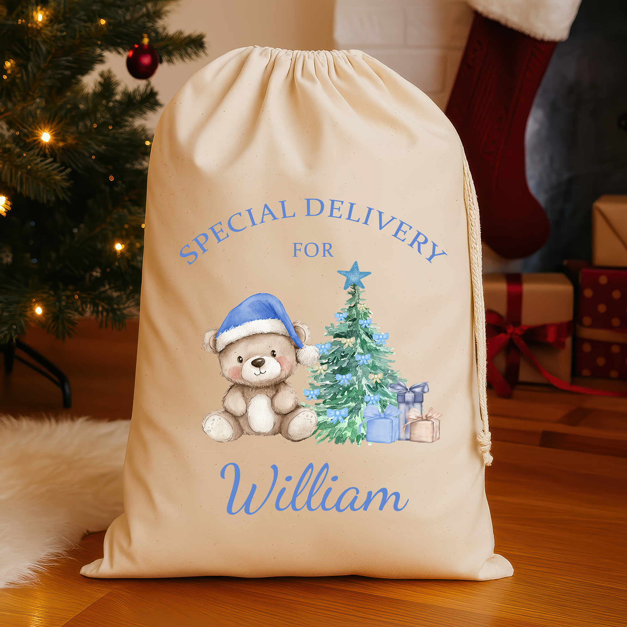 Personalised Christmas Santa Sack with Name – Blue Teddy Bear Design – Large (75x49cm) Gift Bag – Special Delivery Christmas Sack for Kids