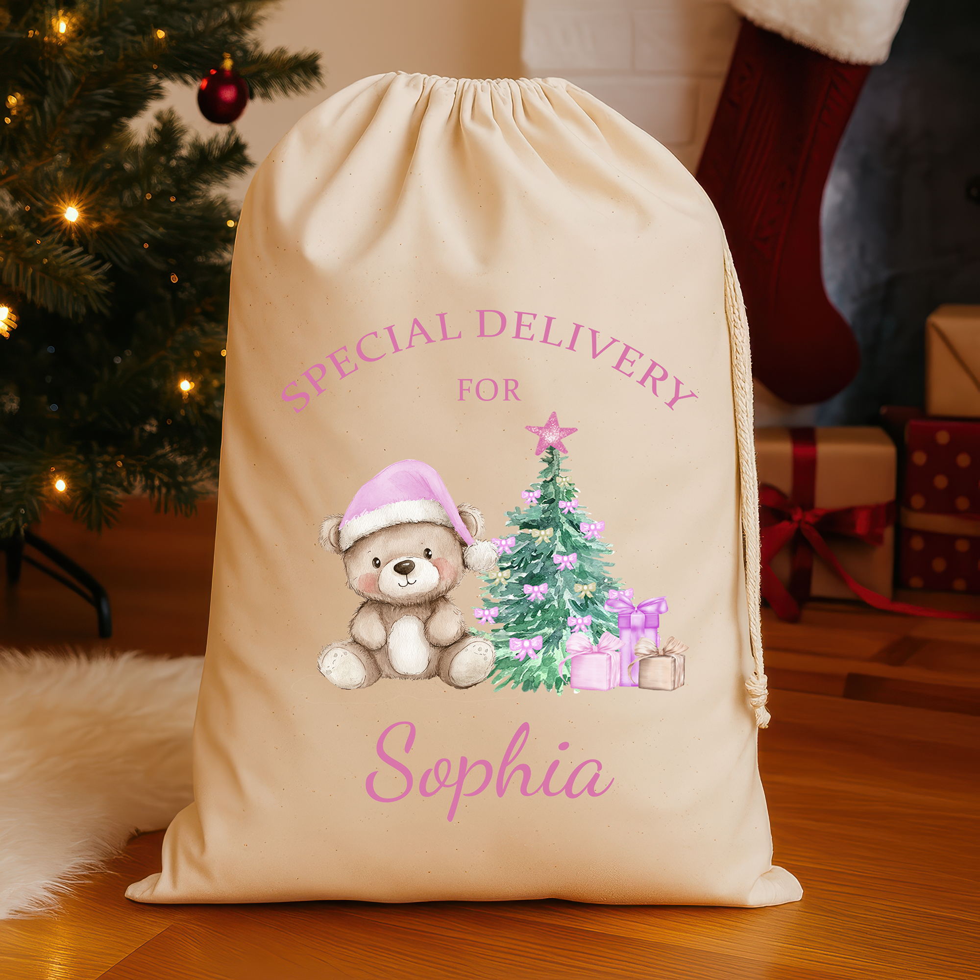 Personalised Christmas Santa Sack with Name – Pink Teddy Bear Design – Large (75x49cm) Gift Bag – Special Delivery Christmas Sack for Kids