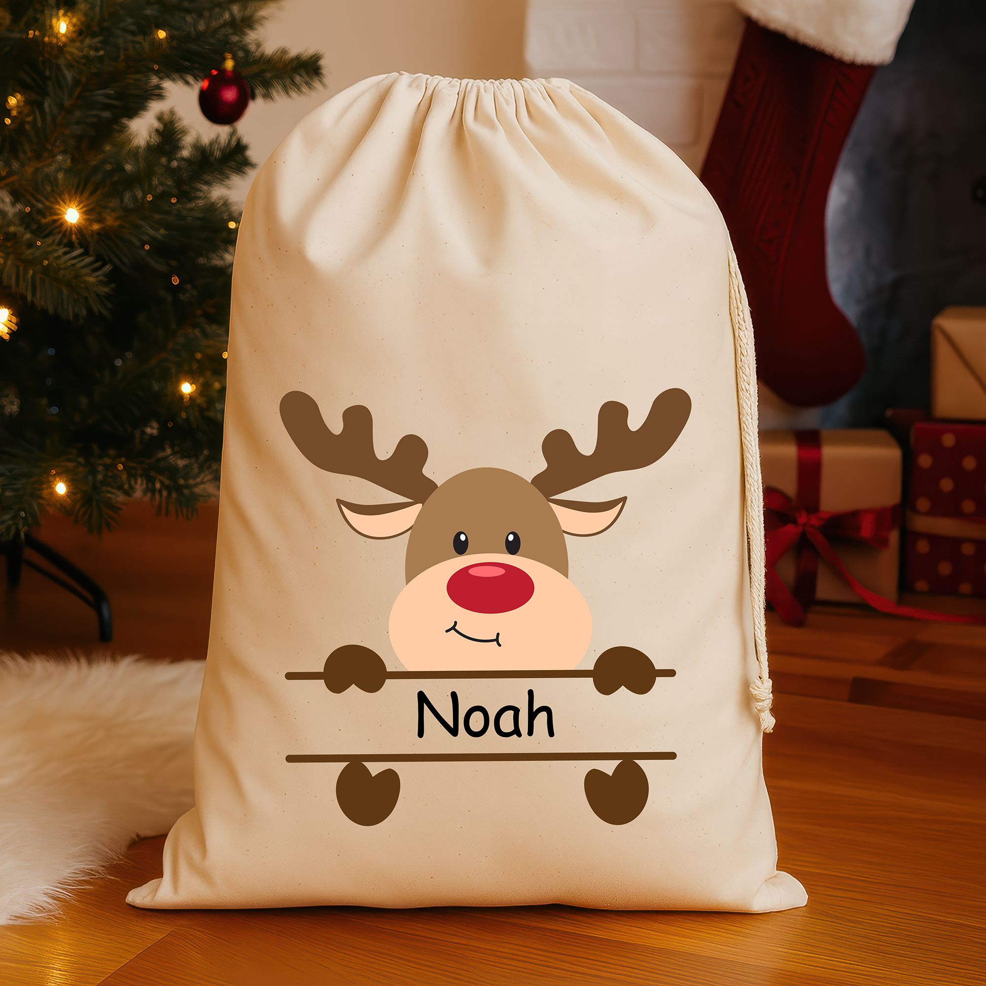 Personalised Christmas Santa Sack with Name – Reindeer Design – Large (75x49cm) Gift Bag – Custom Christmas Sack for Kids