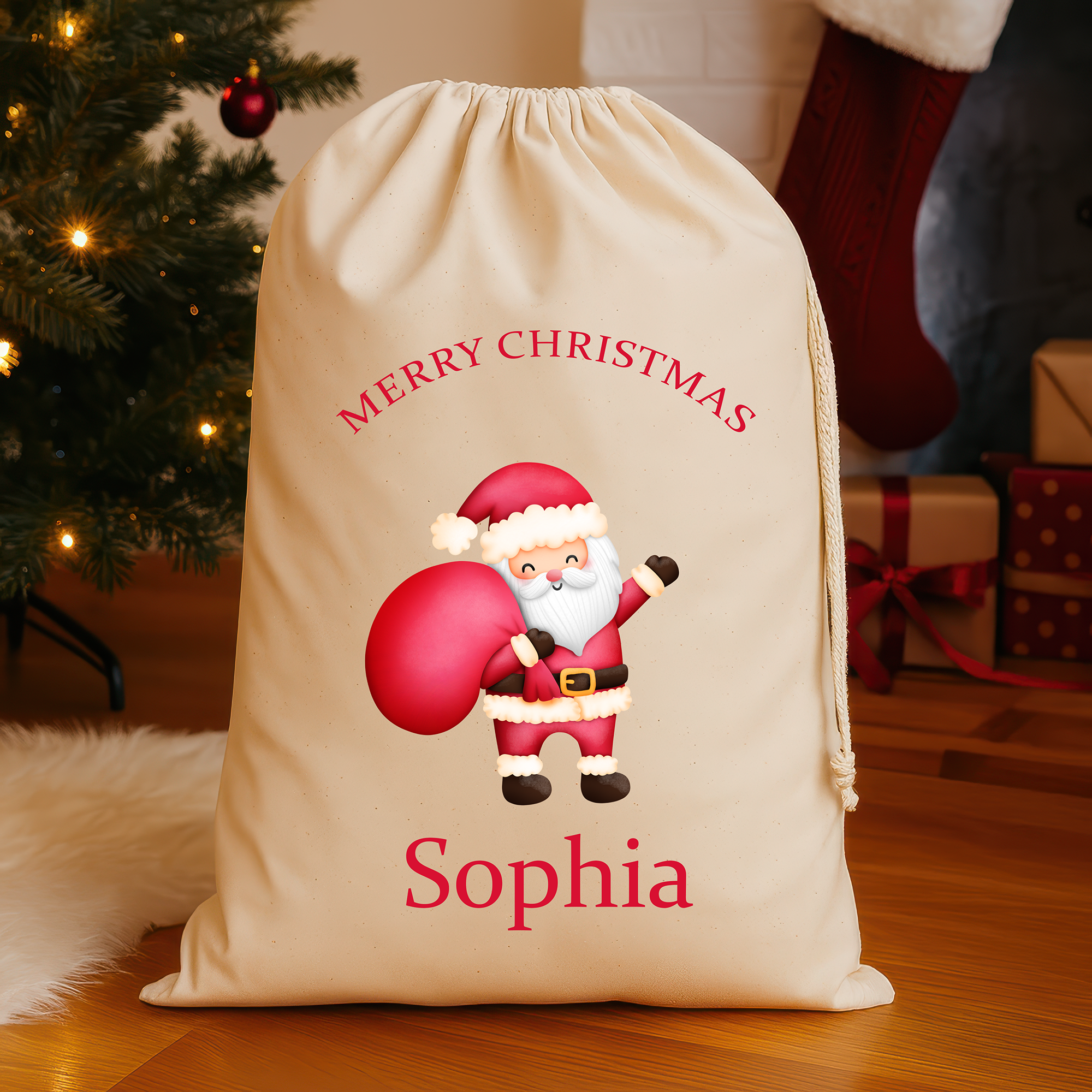 Personalised Christmas Santa Sack with Name – Father Christmas Design – Large (75x49cm) Gift Bag – Custom Christmas Sack for Kids
