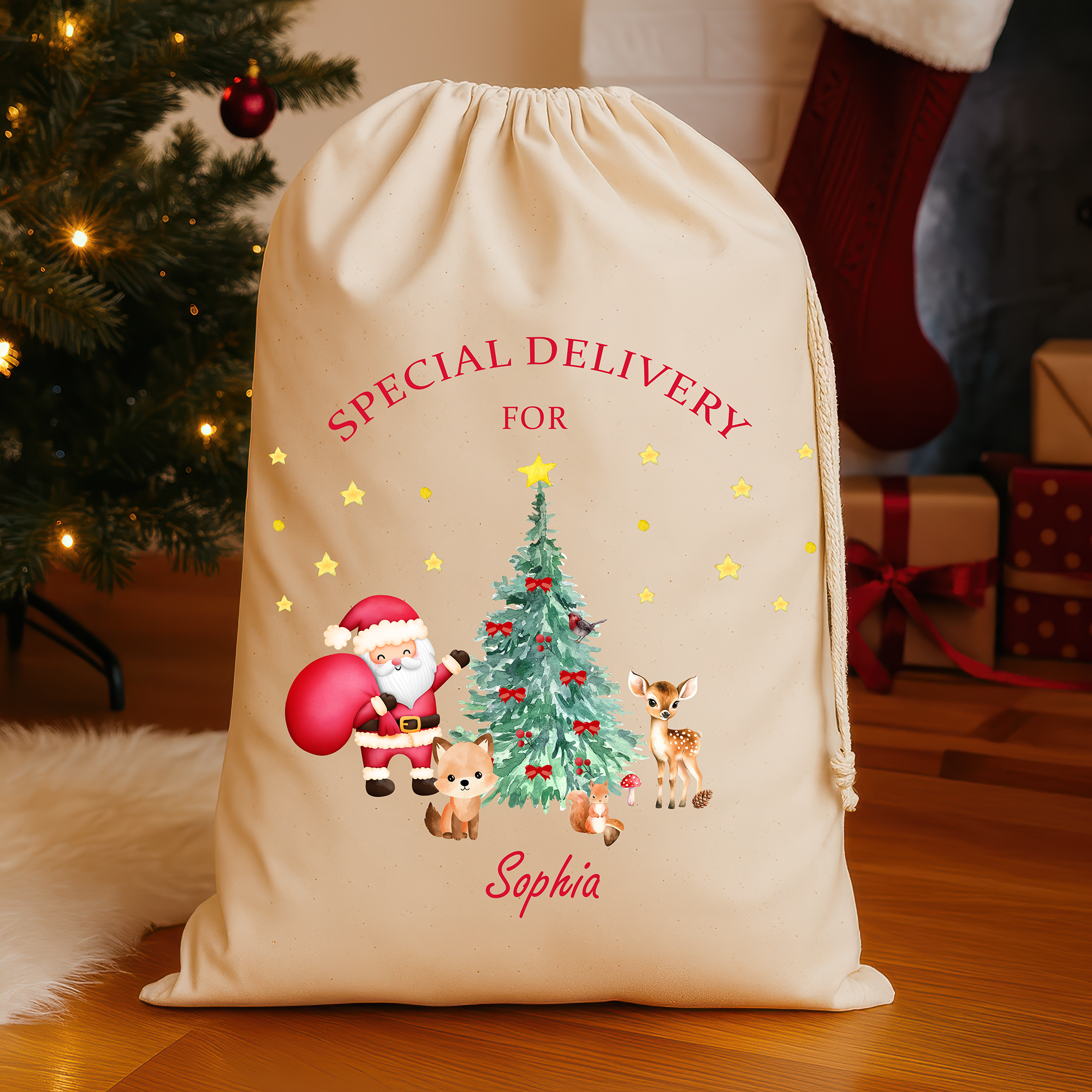 Personalised Christmas Santa Sack with Name – Woodland Santa & Friends Design – Large (75x49cm) Gift Bag – Custom Christmas Sack for Kids