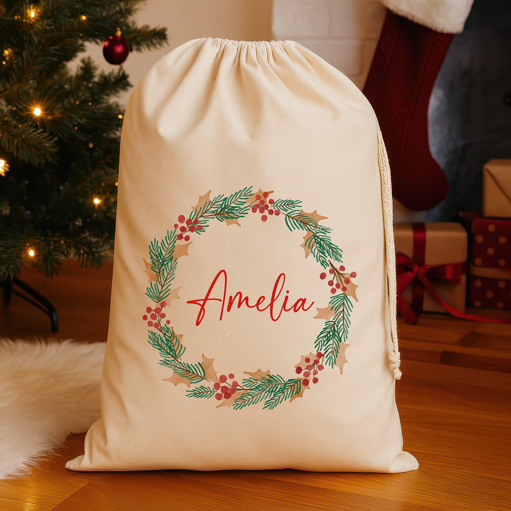 Personalised Christmas Santa Sack with Name – Wreath Design – Large (75x49cm) Gift Bag – Custom Christmas Sack for Kids