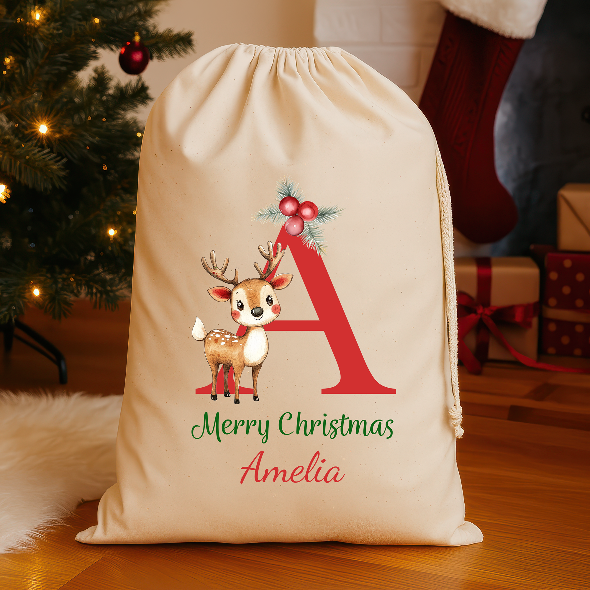 Personalised Christmas Santa Sack with Name & Initial – Red Initial Reindeer Design - Large (75x49cm) Gift Bag Custom Christmas Sack for Kids