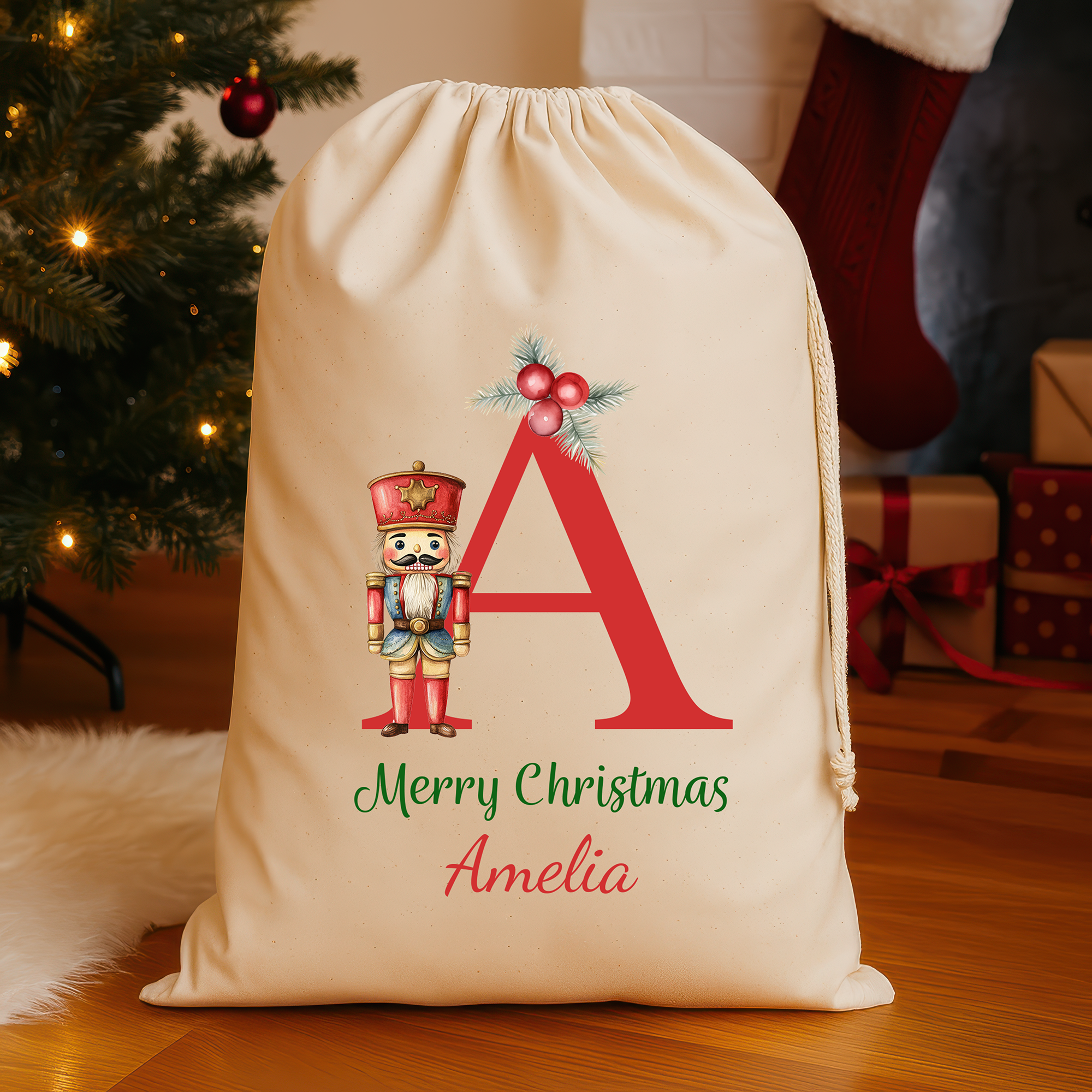 Personalised Christmas Santa Sack with Name & Initial – Red Initial Nutcracker Design - Large (75x49cm) Gift Bag Custom Christmas Sack for Kids