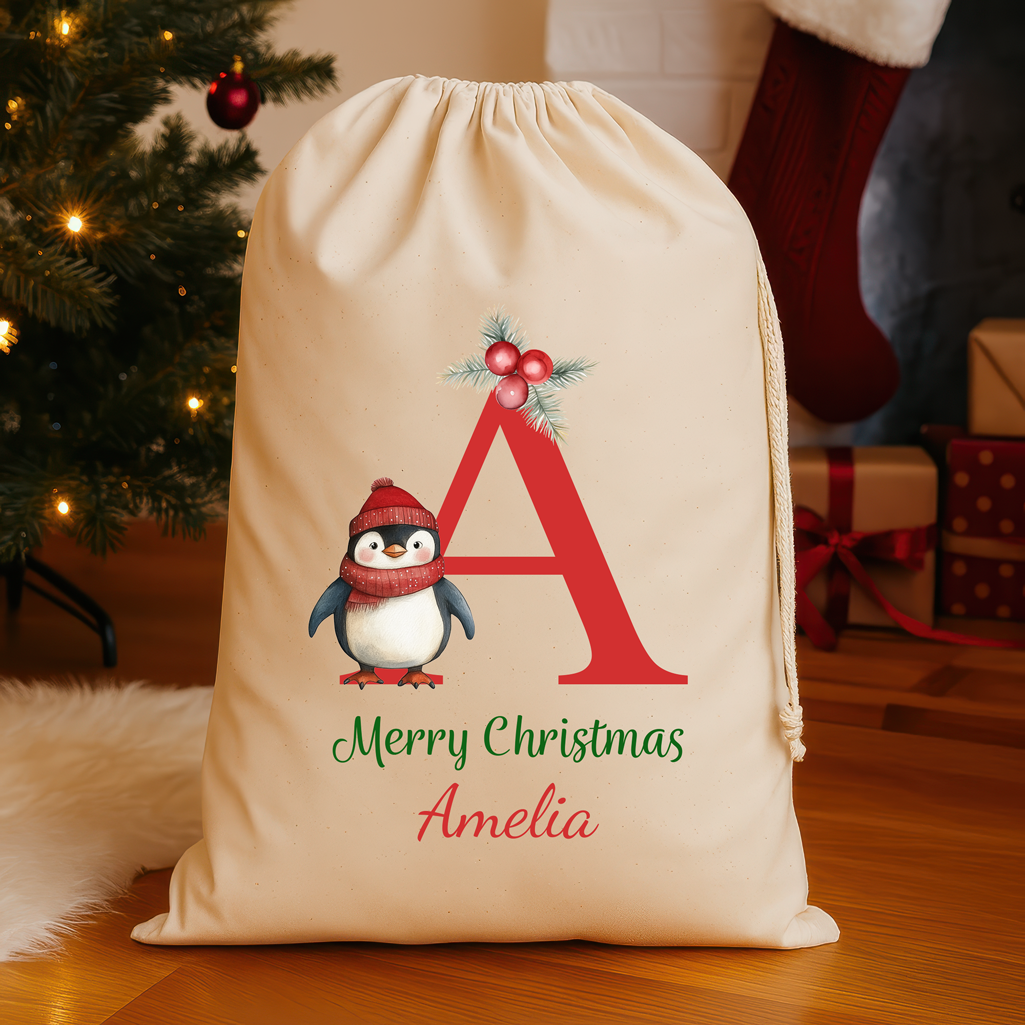 Personalised Christmas Santa Sack with Name & Initial – Red Initial Penguin Design - Large (75x49cm) Gift Bag Custom Christmas Sack for Kids