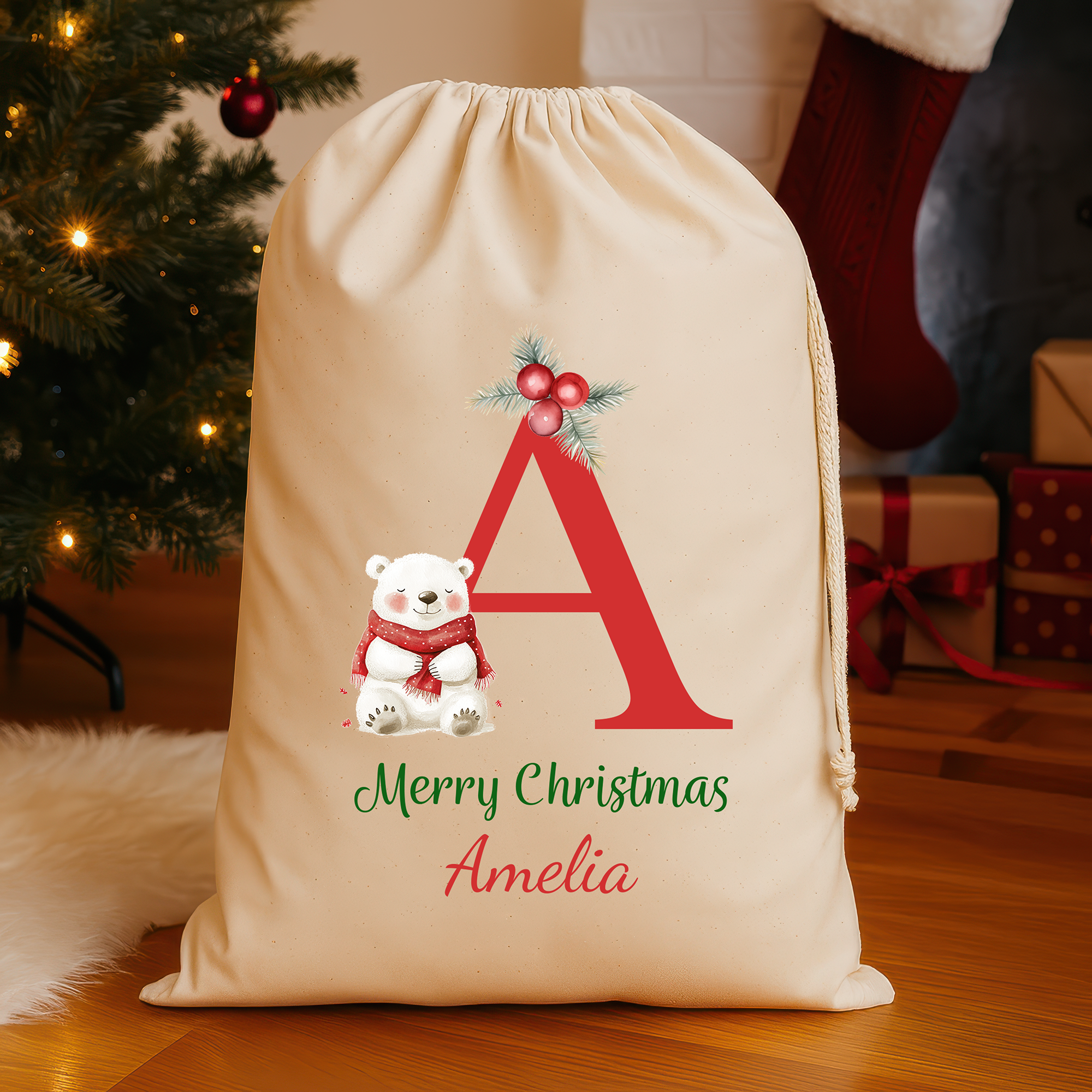 Personalised Christmas Santa Sack with Name & Initial – Red Initial Polar Bear Design - Large (75x49cm) Gift Bag Custom Christmas Sack for Kids