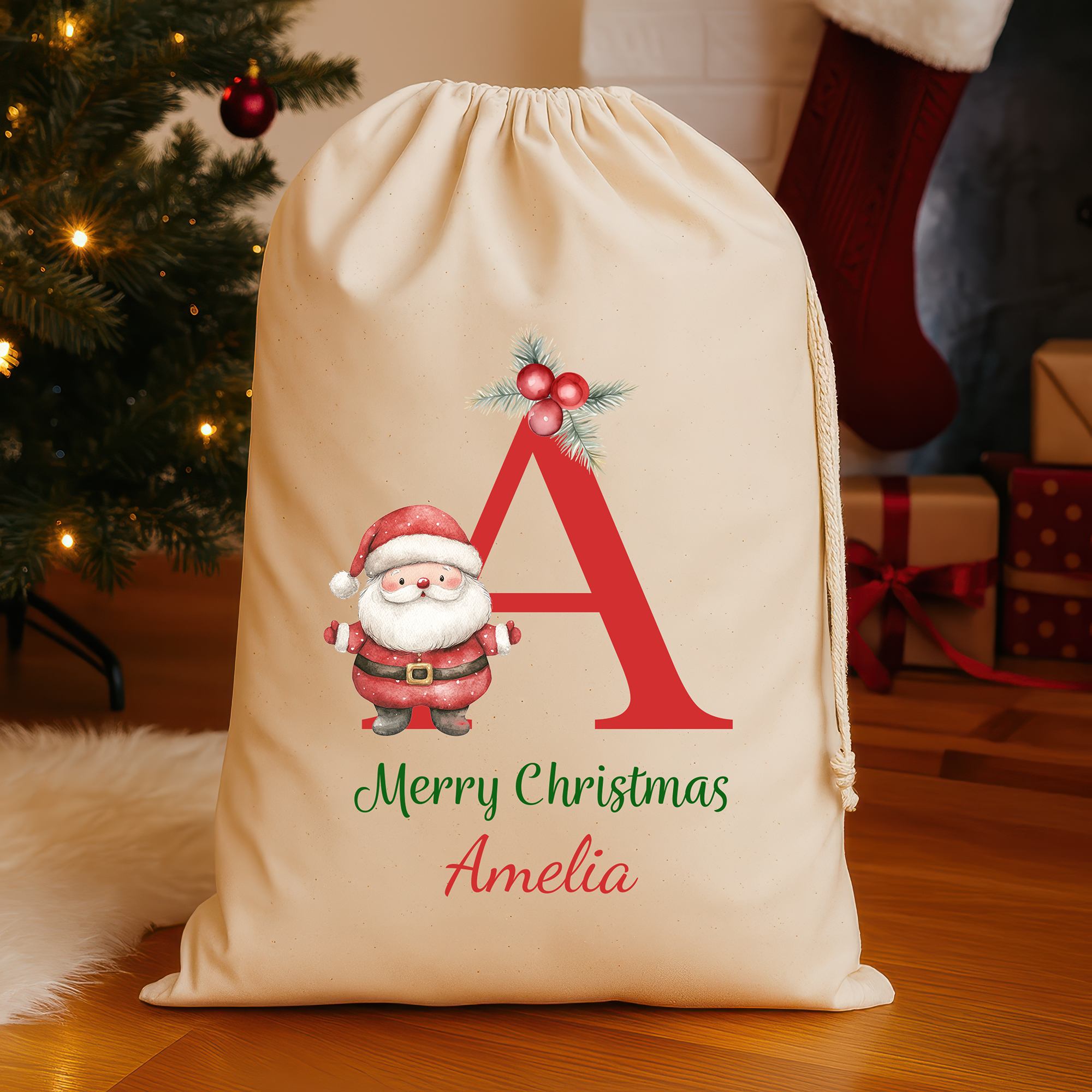 Personalised Christmas Santa Sack with Name & Initial – Red Initial Father Christmas Design - Large (75x49cm) Gift Bag Custom Christmas Sack for Kids