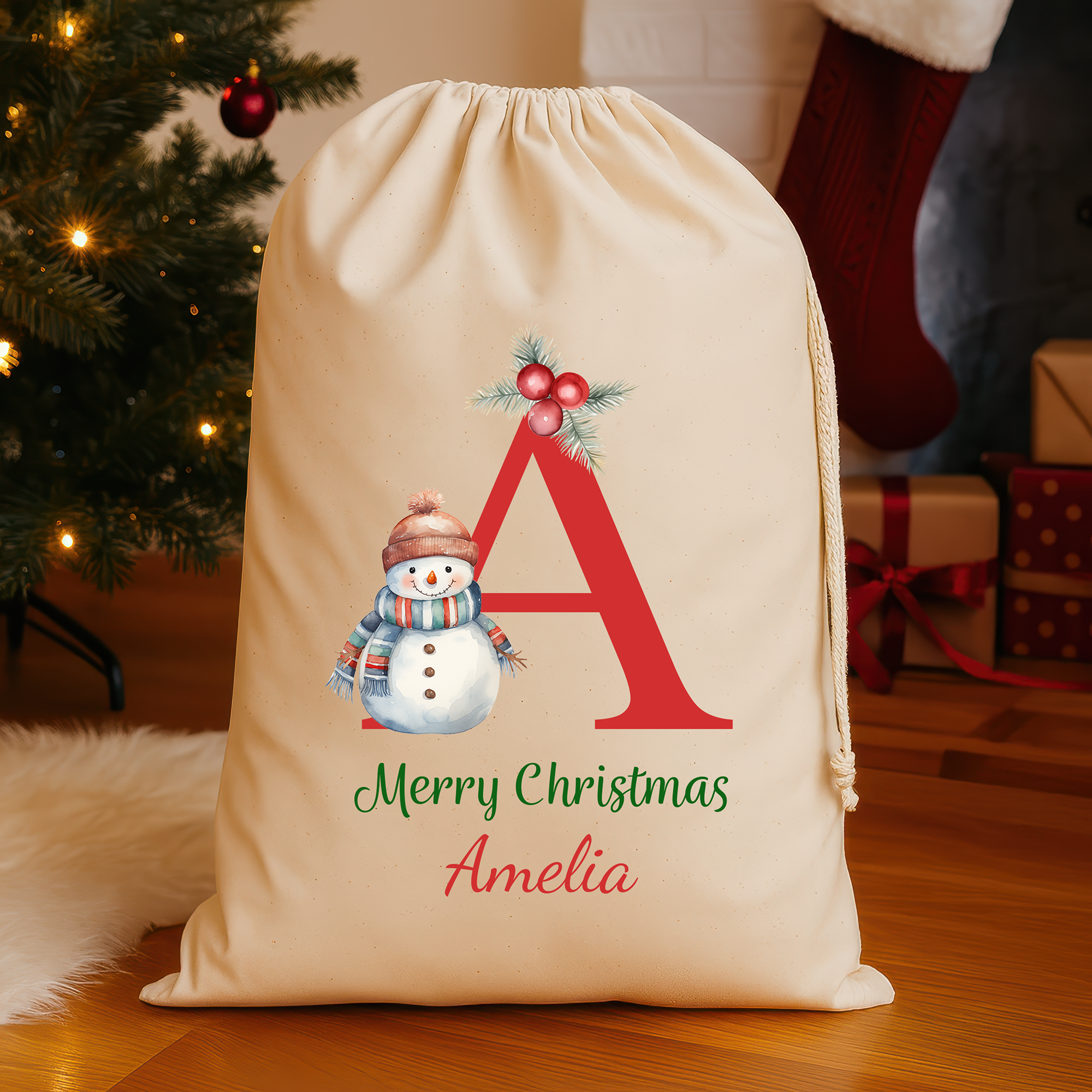 Personalised Christmas Santa Sack with Name & Initial – Red Initial Snowman Design - Large (75x49cm) Gift Bag Custom Christmas Sack for Kids