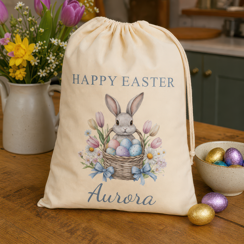 Personalised Bunny & Basket Easter Sack with Name - Blue - alternative view