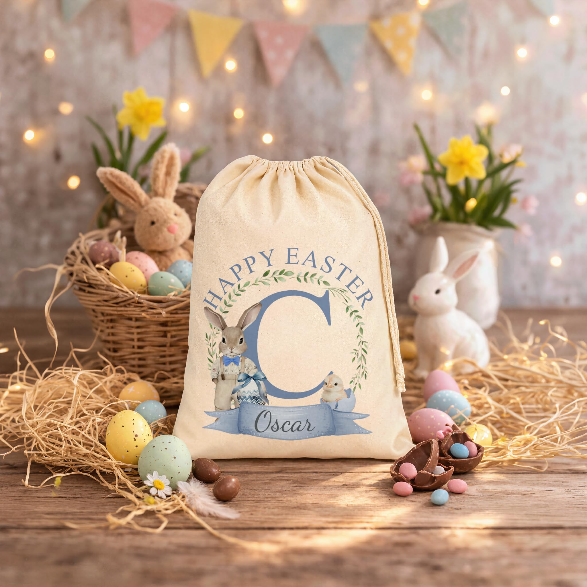 Personalised Bunny & Chick Blue Text Easter Gift Bag with Name and Initial