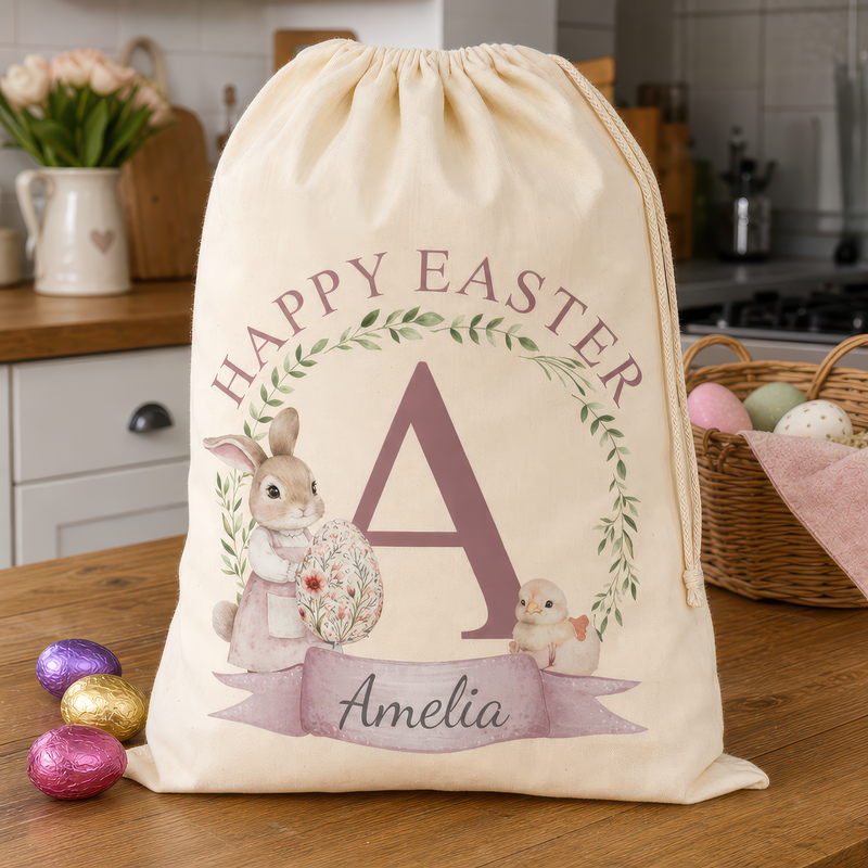 Personalised Bunny & Chick Pink Text Easter Gift Bag with Name and Initial - alternative view