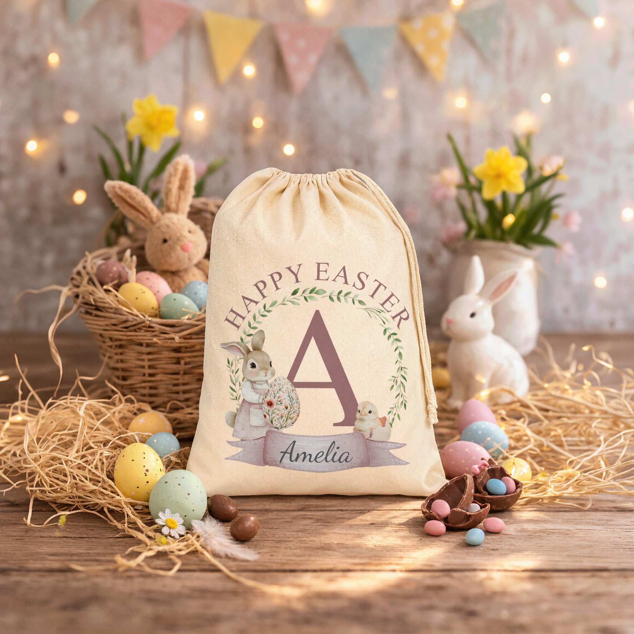 Personalised Bunny & Chick Pink Text Easter Gift Bag with Name and Initial