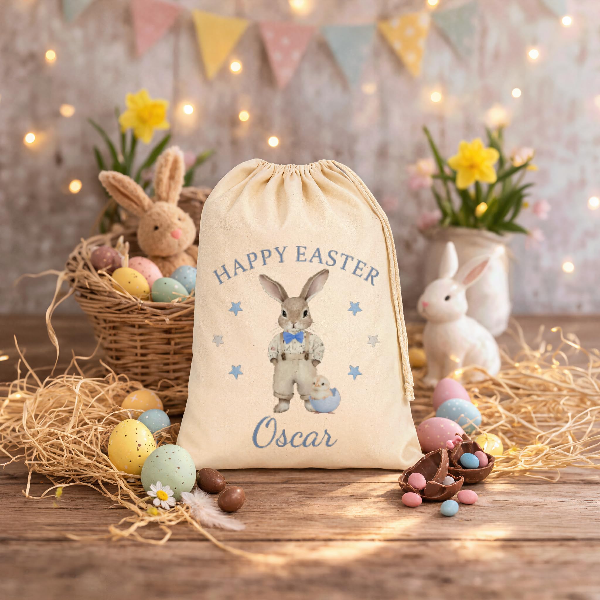 Personalised Blue Bunny with Stars Easter Sack with Name