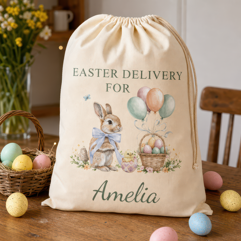 Personalised Bunny & Balloons Green Text Easter Gift Bag with Name - alternative view
