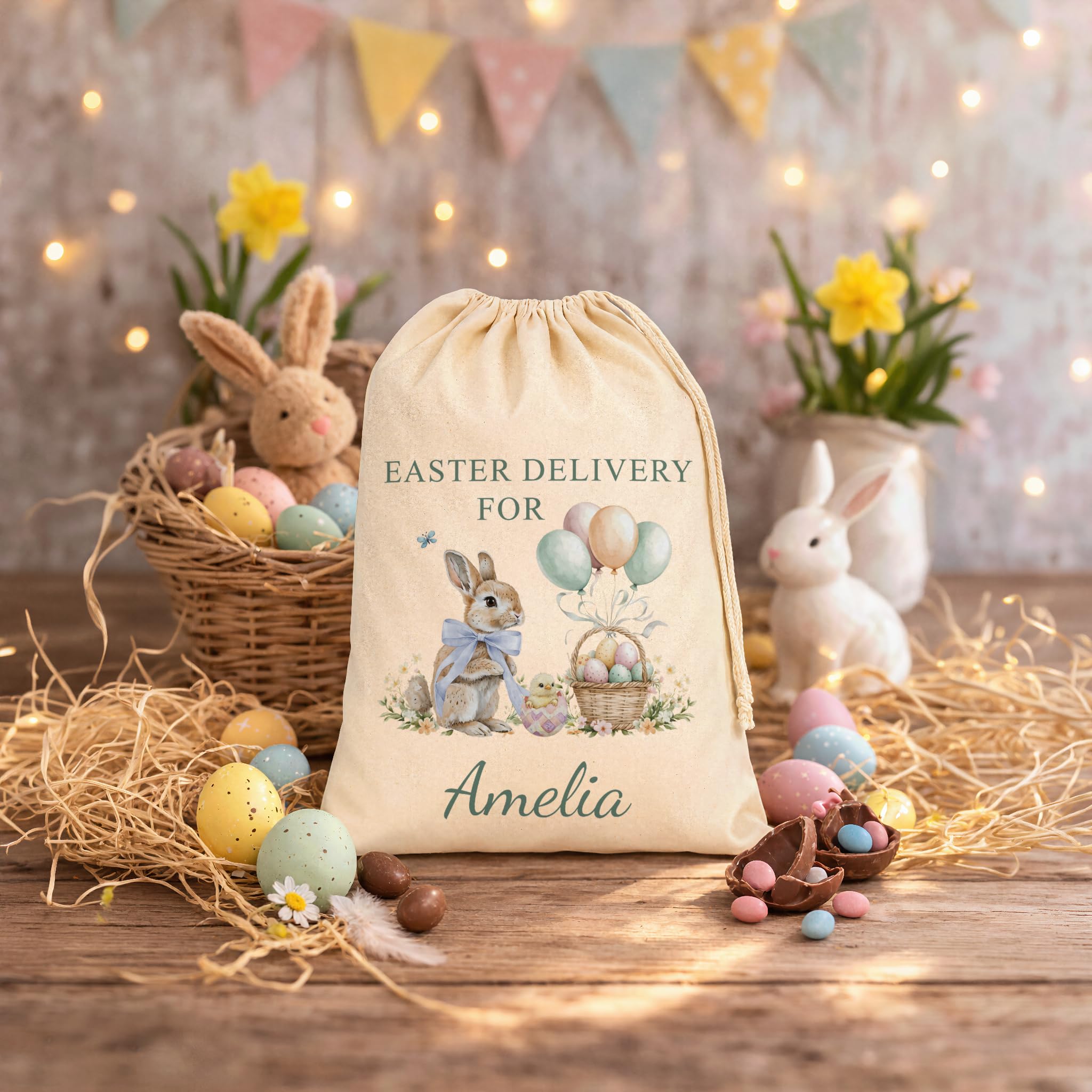 Personalised Bunny & Balloons Green Text Easter Gift Bag with Name