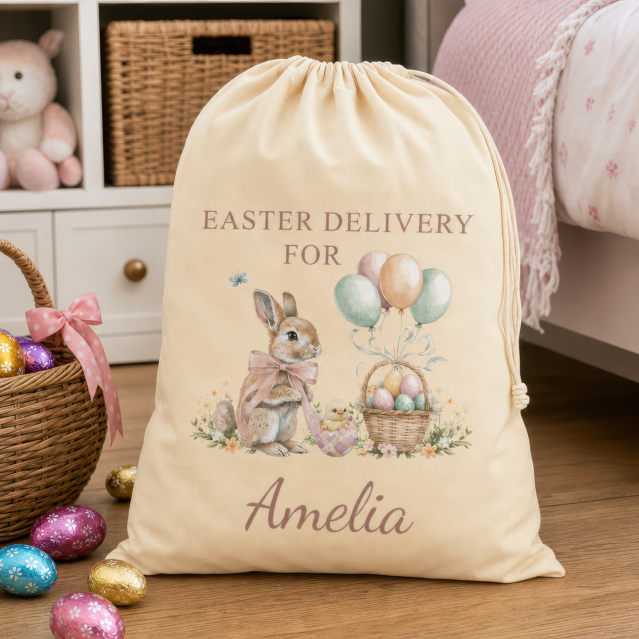 Personalised Bunny & Balloons Pink Text Easter Gift Bag with Name - alternative view