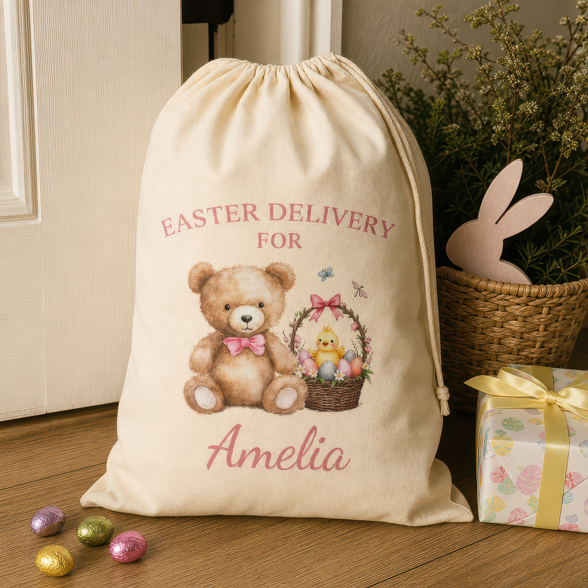 Personalised Easter Delivery Teddy Bear & Basket Easter Sack with Name - alternative view