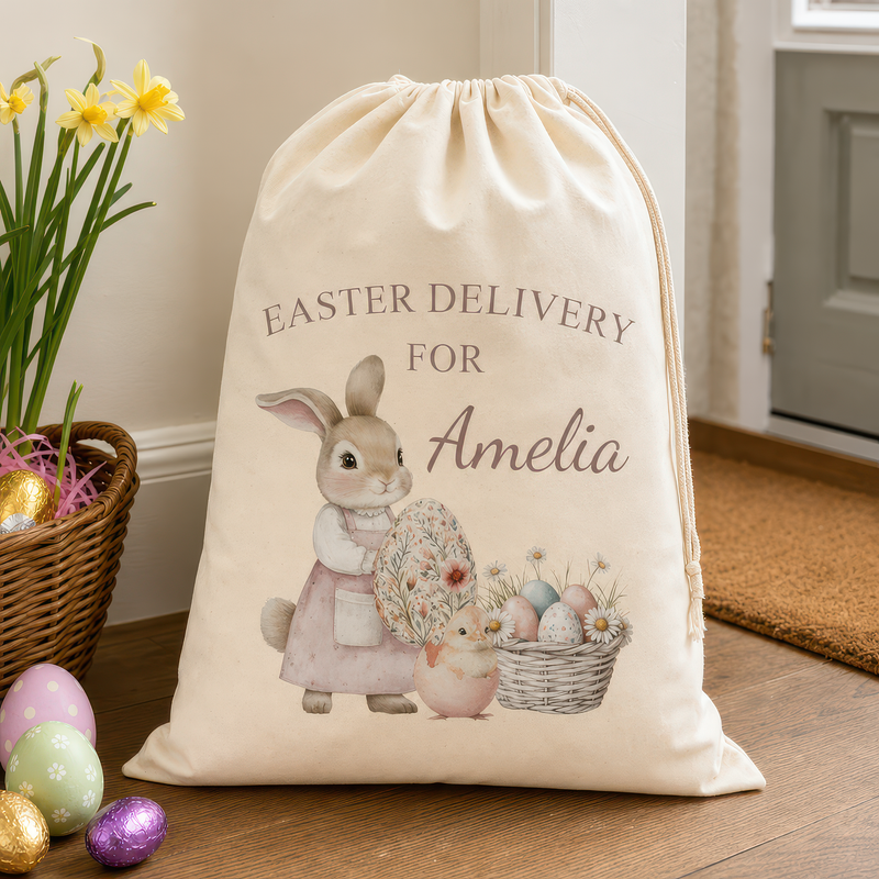 Personalised Pink Bunny Basket Easter Sack with Name - alternative view