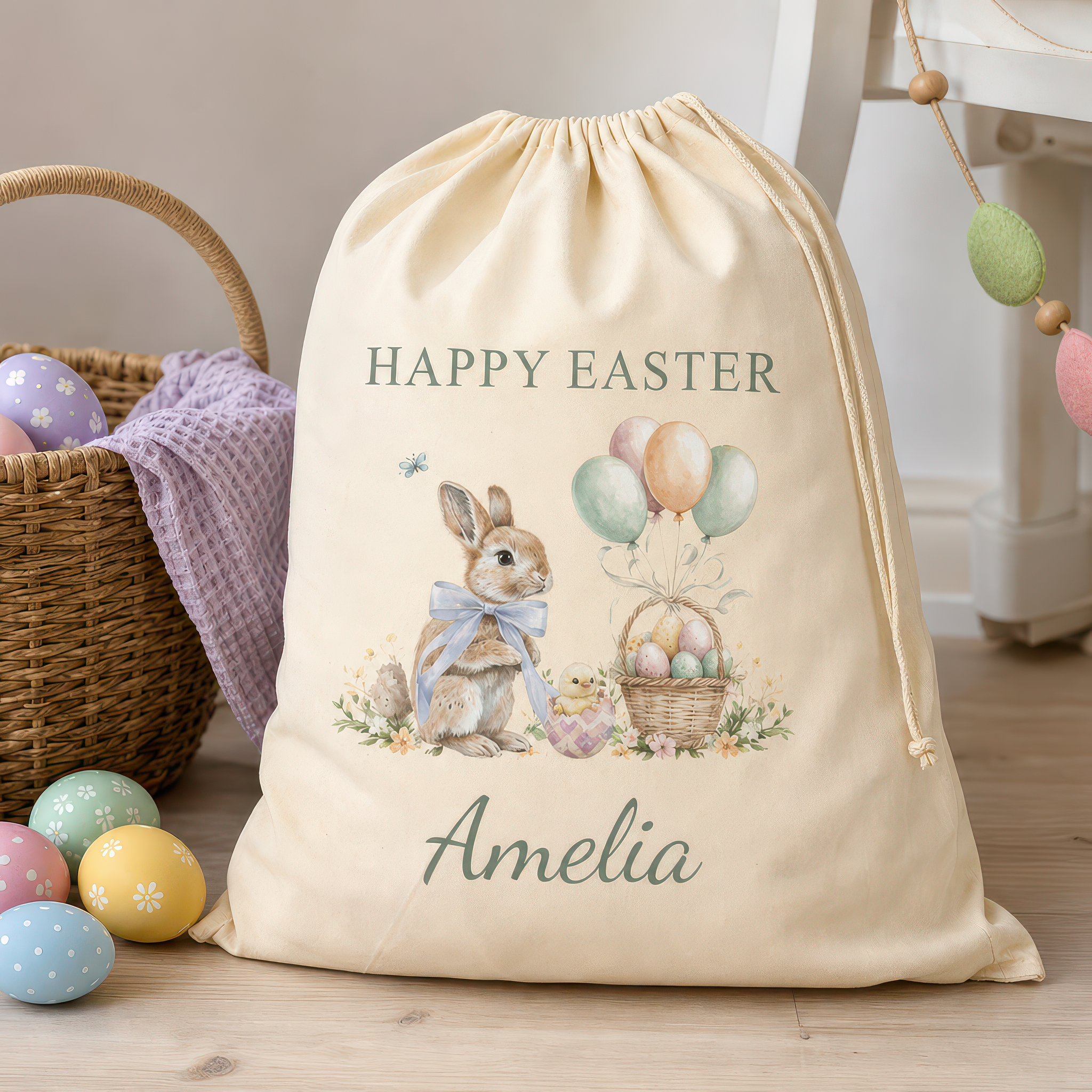 Personalised Happy Easter Bunny & Balloons Sack with Name - Green Text - alternative view