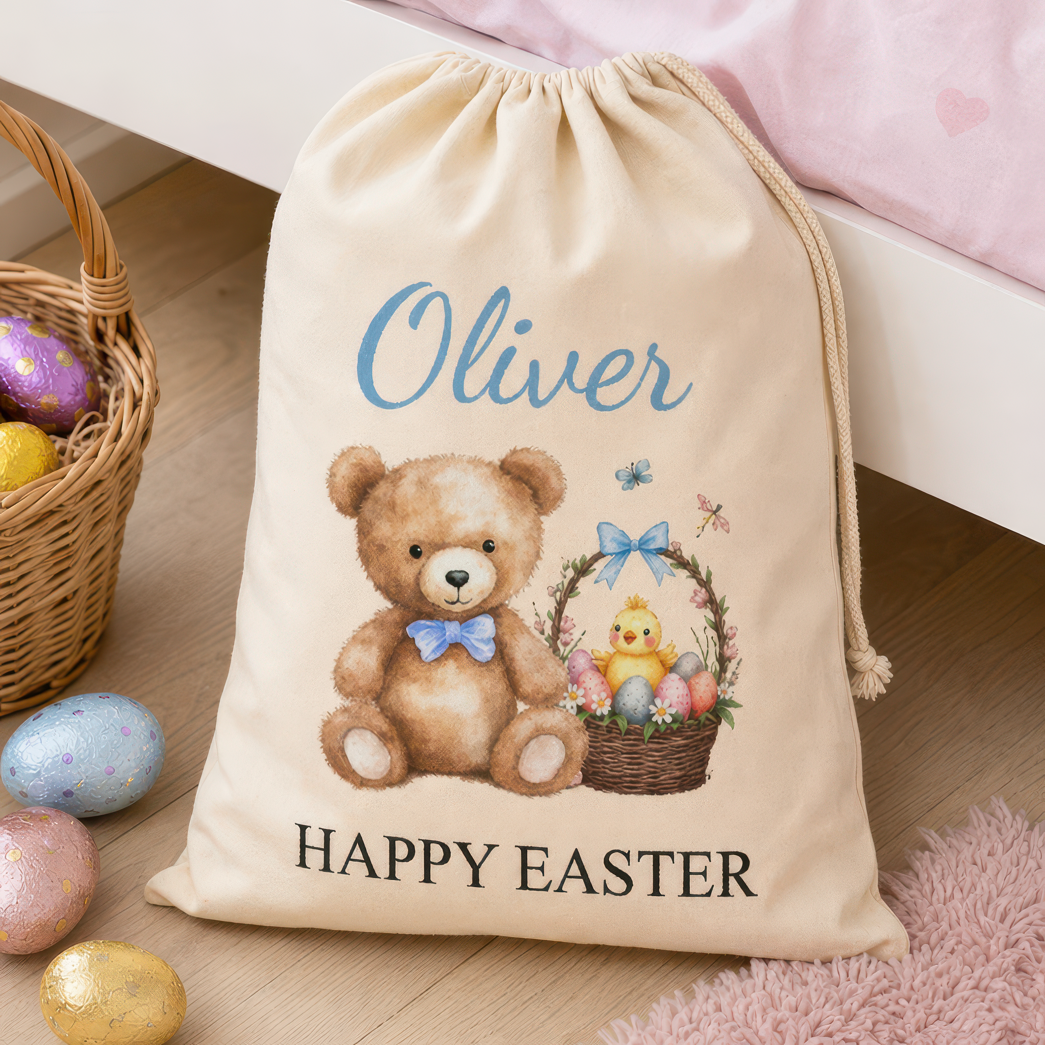 Personalised Happy Easter Teddy Bear & Basket Sack with Name - Blue Text - alternative view