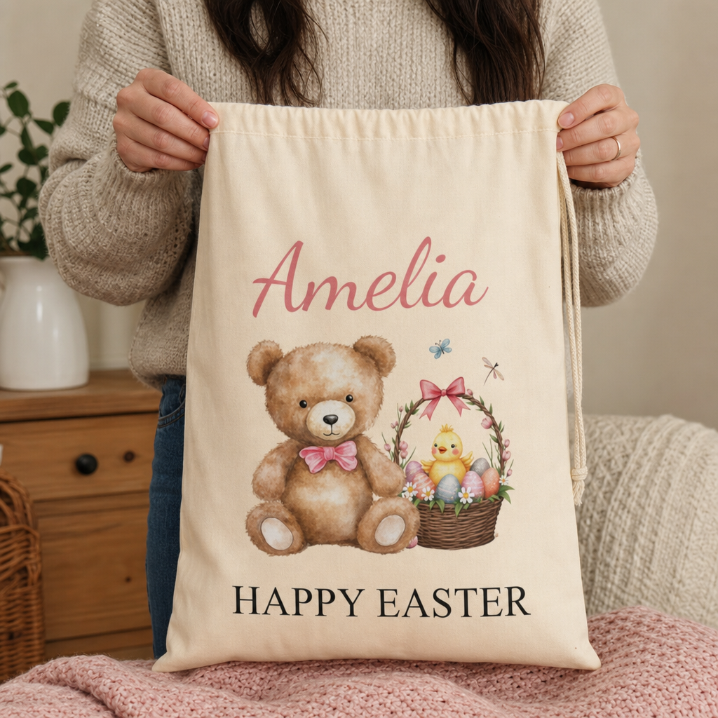 Personalised Happy Easter Teddy Bear & Basket Sack with Name - Pink Text