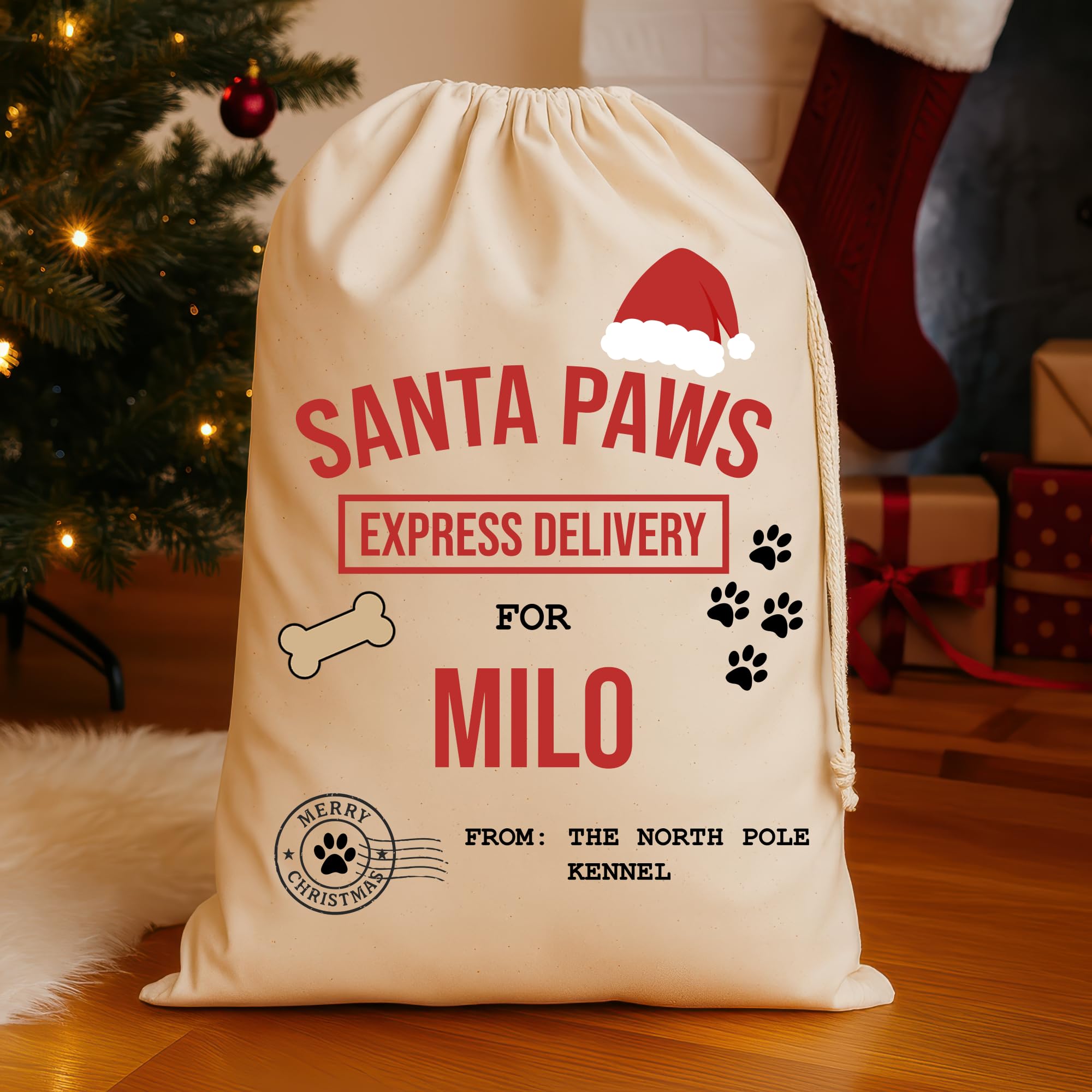 Personalised Santa Paws Dog Christmas Santa Sack with Name