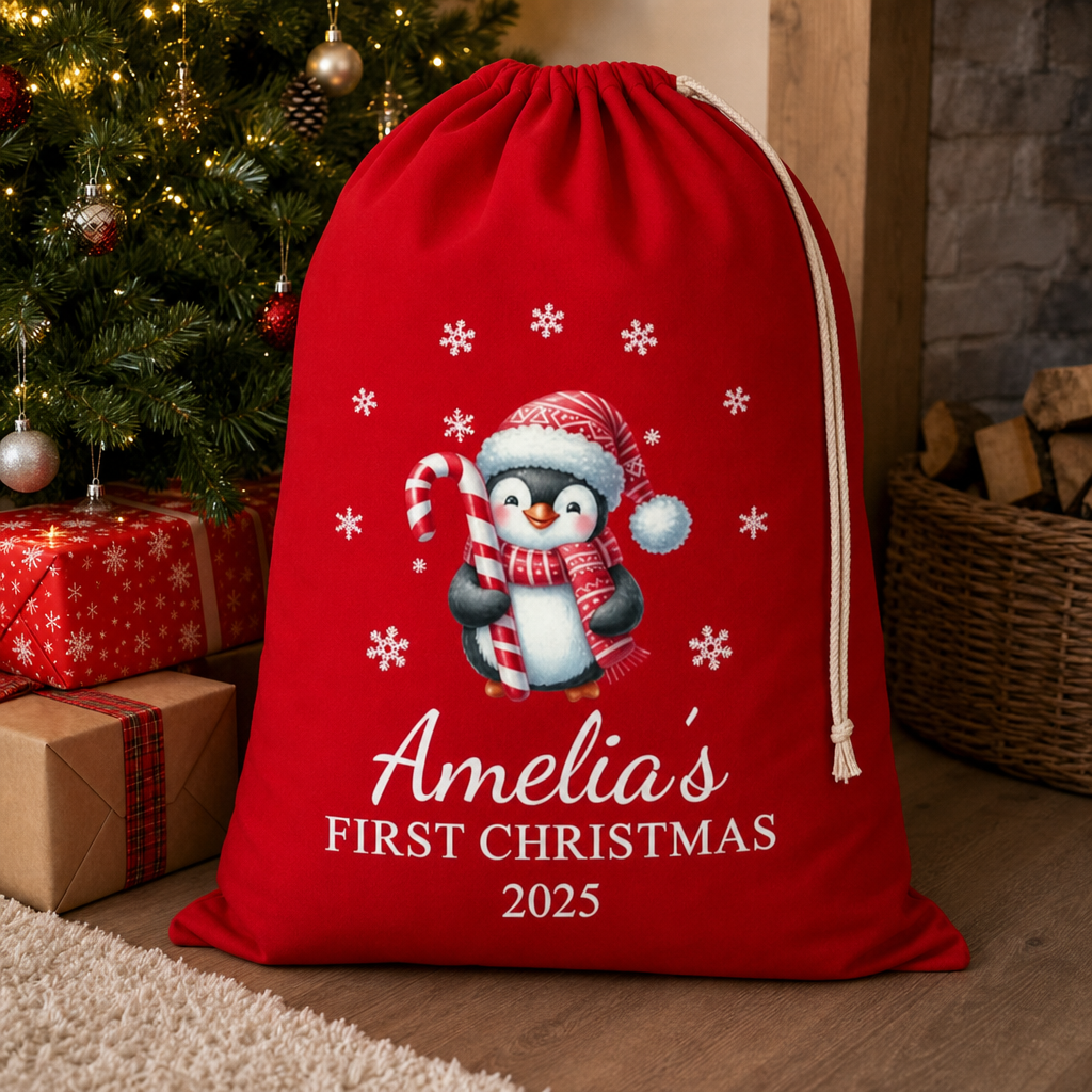 Personalised Red Penguin Extra Large Santa Sack with Name