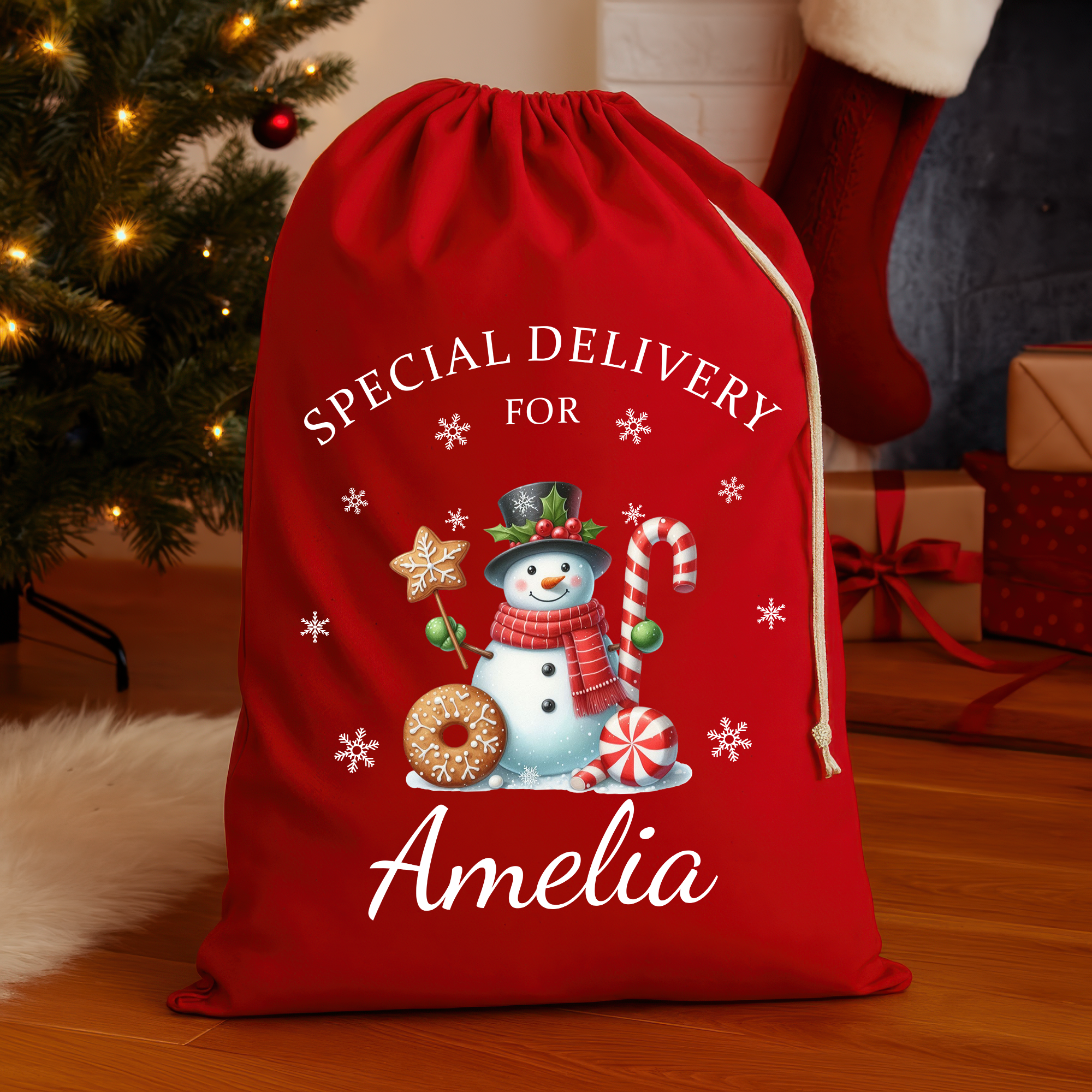Personalised Red Christmas Santa Sack – Candy Cane Snowman
