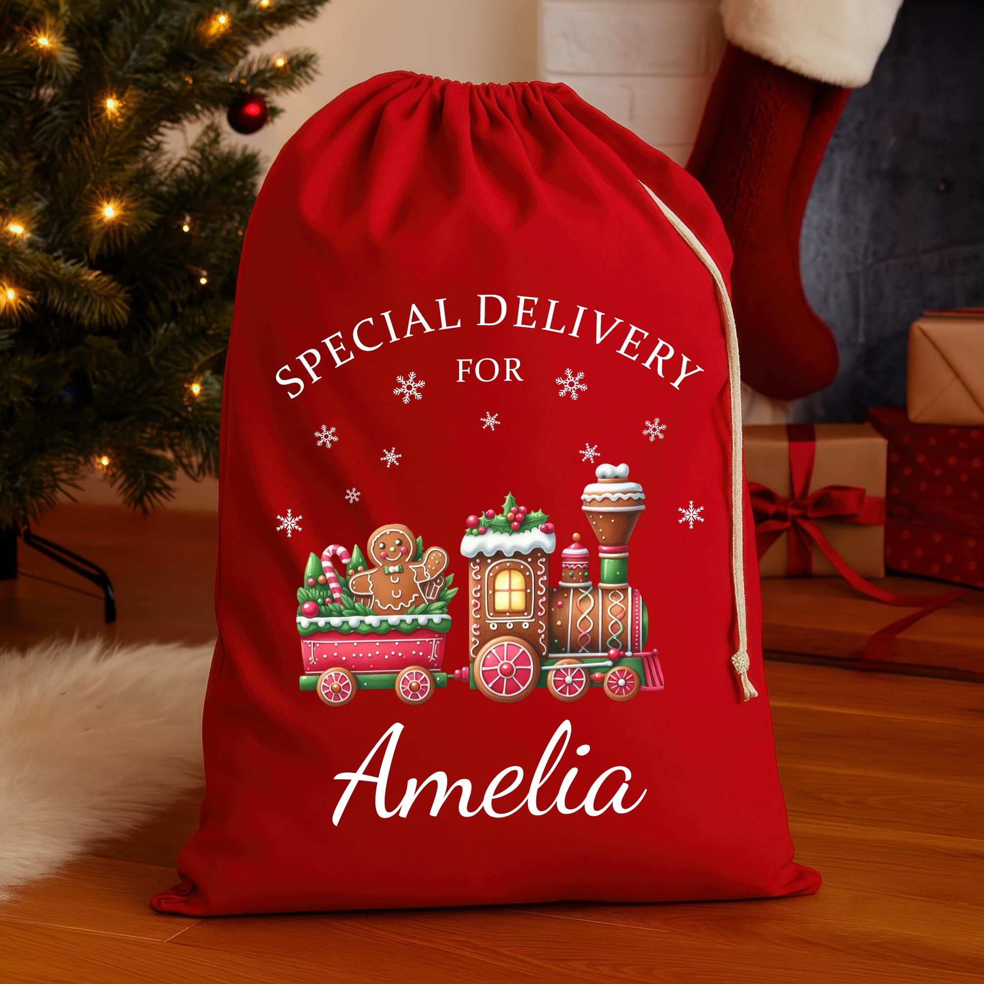 Personalised Gingerbread Train Santa Sack with Name