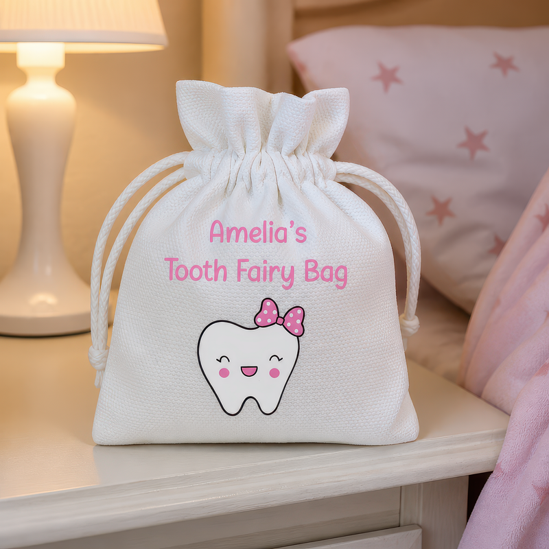 Personalised Pink Dotty Bow Tooth Fairy Bag with Name - alternative view