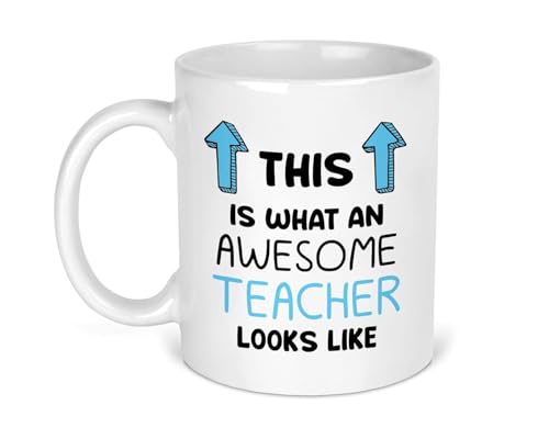 Awesome Teacher ceramic mug with blue text and colourful arrows