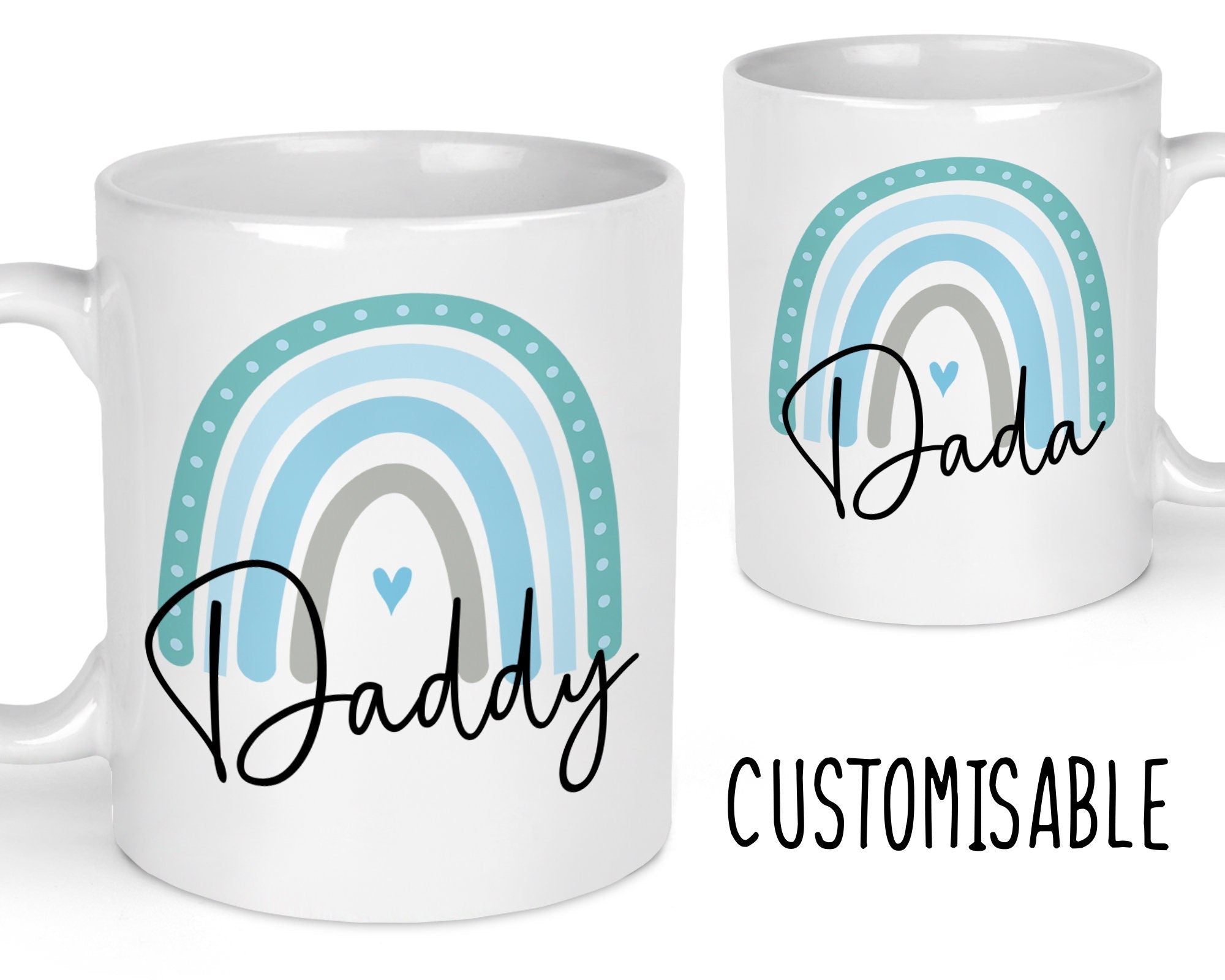 Personalised Daddy rainbow mug with blue and teal rainbow design