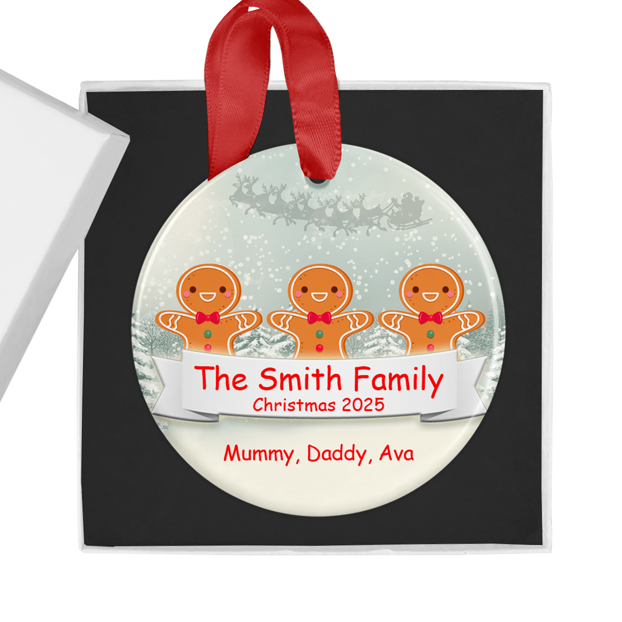 Family Personalised Christmas Ornament – Gingerbread Design Ceramic Bauble with Gift Box - Chicken Craft Ltd