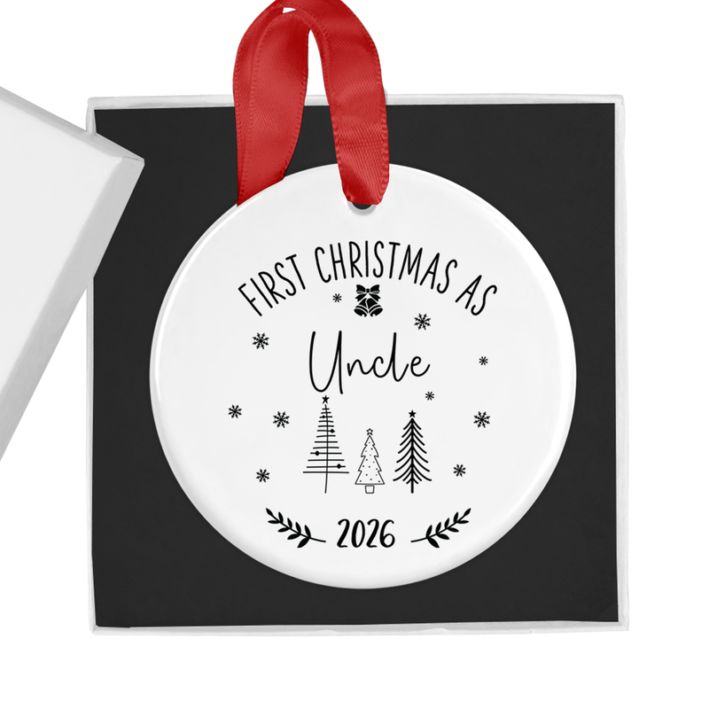 Ceramic uncle ornament with black-and-white hearts, snowflakes and Christmas trees