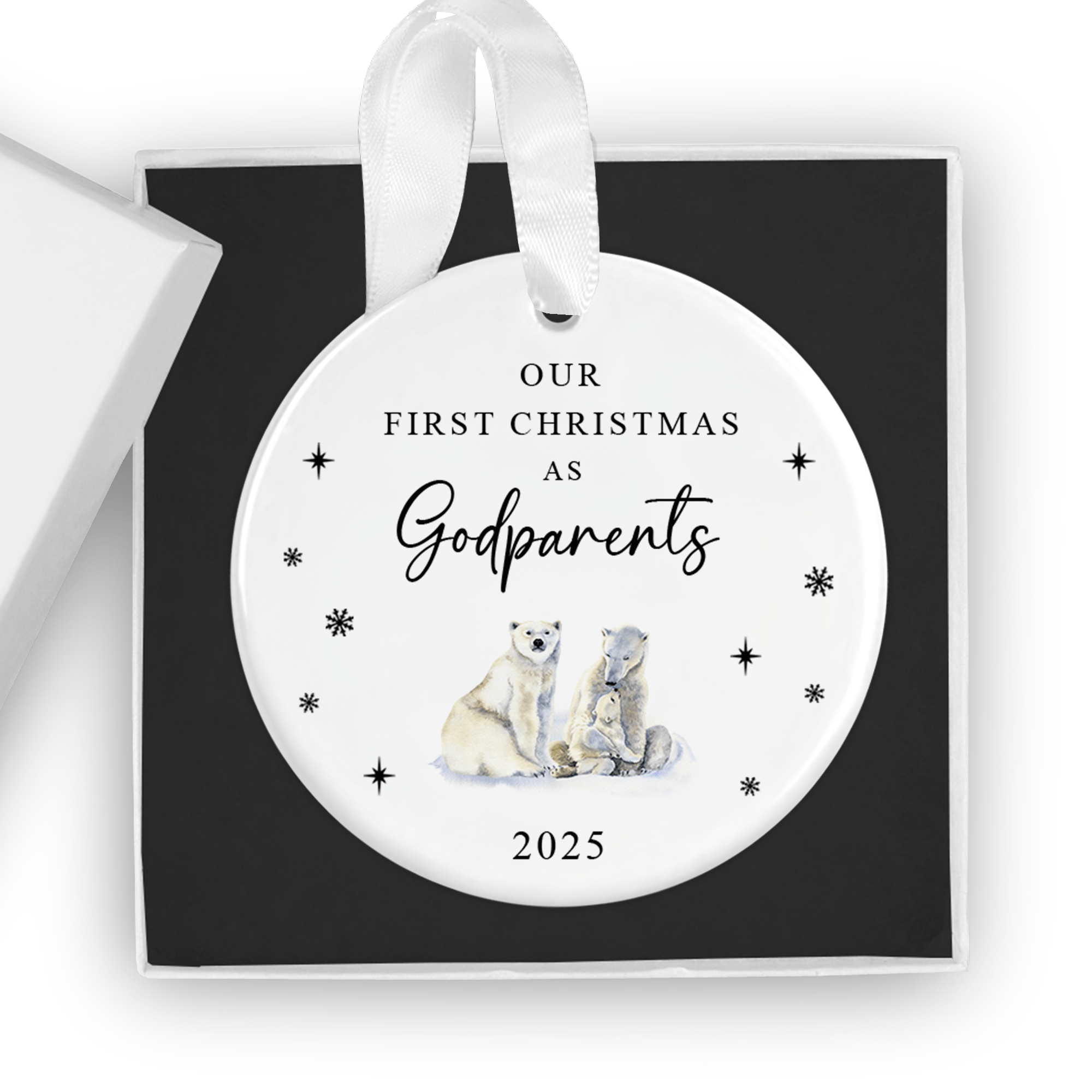 Our First Christmas as Godparents Ornament with Gift Box - Chicken Craft Ltd