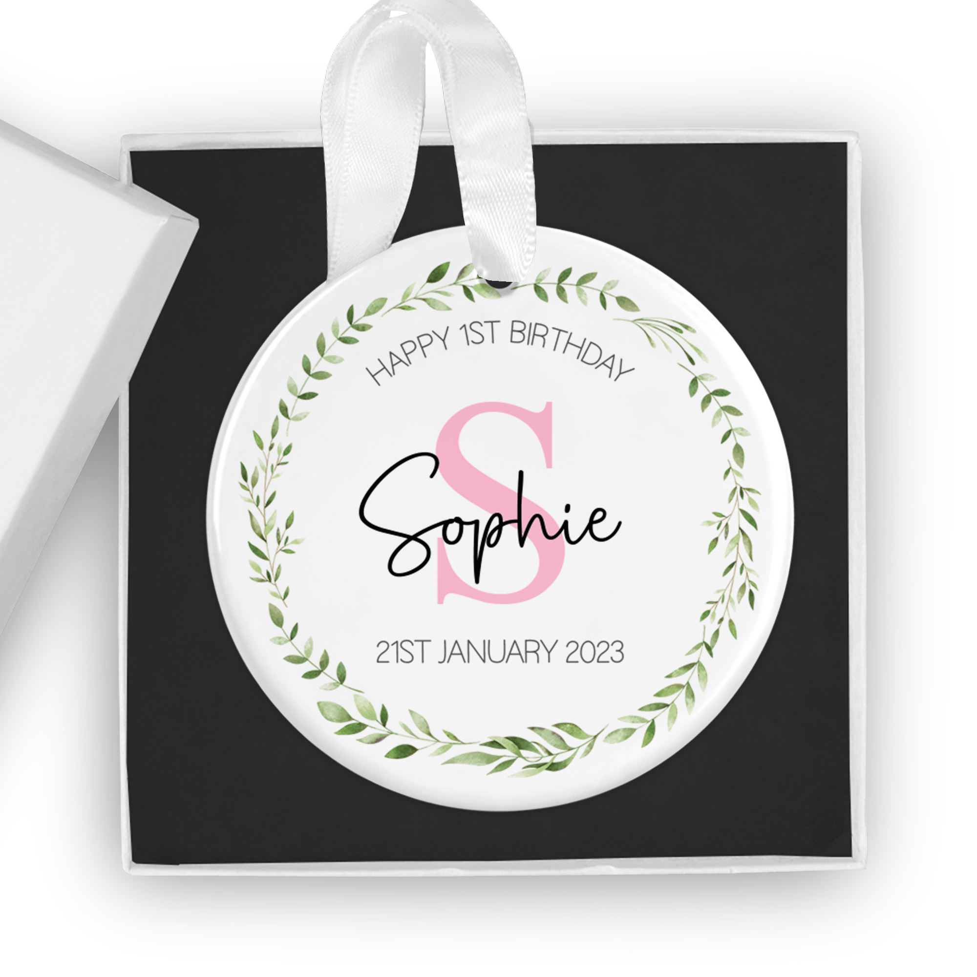 Personalised 1st Birthday Ornament – Pink Initial Ceramic Keepsake with Gift Box - Chicken Craft Ltd