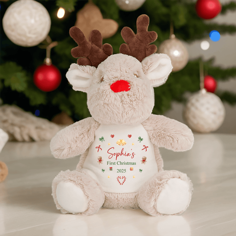 Personalised 1st Christmas Reindeer Soft Toy with Hearts showing heart icons