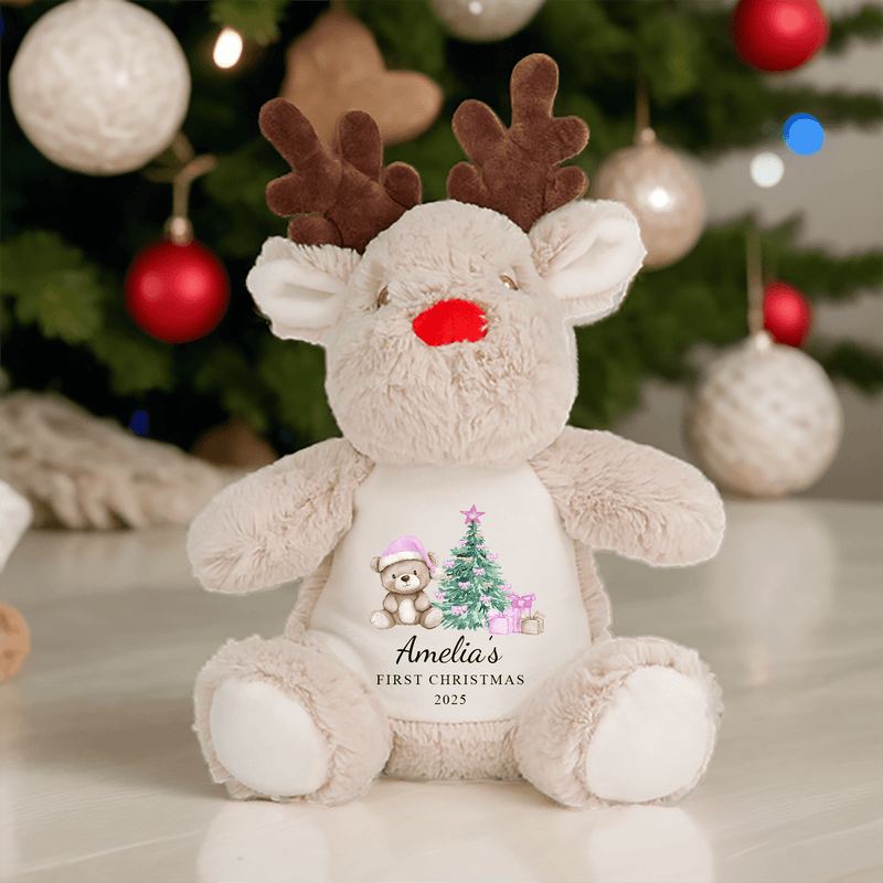Personalised 1st Christmas Pink Teddy Reindeer Soft Toy showing pink reindeer