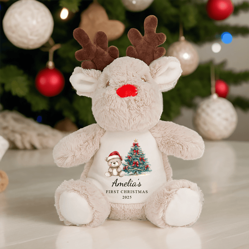 Personalised 1st Christmas Red Teddy Reindeer Soft Toy showing red reindeer